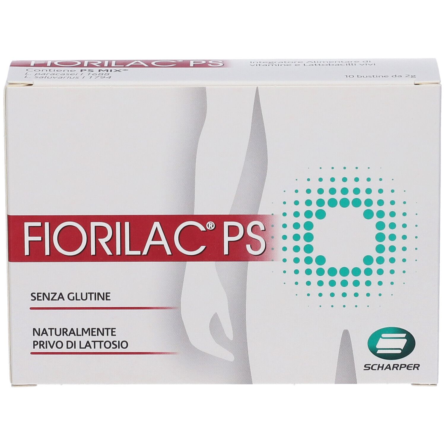 Confezione FIORILAC® PS. Scatola bianca con nome e logo del prodotto. Senza glutine, senza lattosio. Contiene 10 bustine.