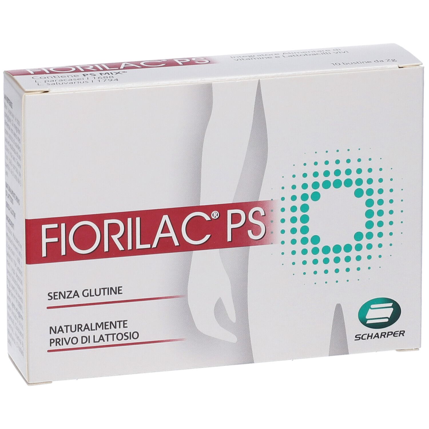 Confezione FIORILAC® PS. Scatola bianca con nome e logo del prodotto. Senza glutine, senza lattosio. Contiene 10 bustine.