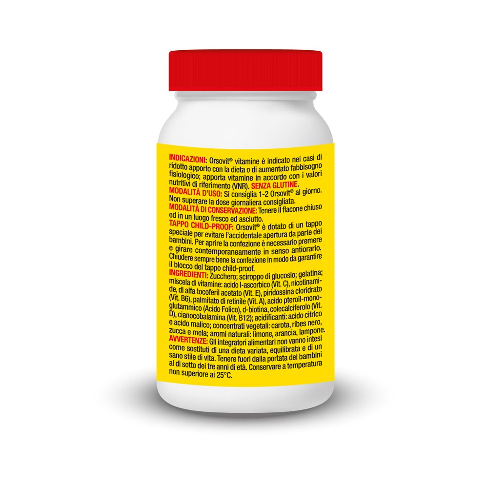 Flacone bianco con tappo rosso. Retro con testo. Contiene informazioni nutrizionali e del produttore.