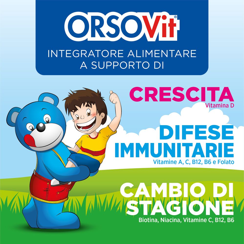 Sfondo blu con testo. Logo Orsovit. Vitamine A, B12, Biotina, B6, D, E, C, Niacina, Folato.