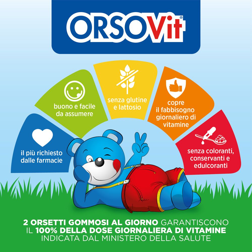 Due flaconi Orsovit. Uno con 60, uno con 90 orsetti gommosi. Testo: gusto, uso, sicurezza bambini.
