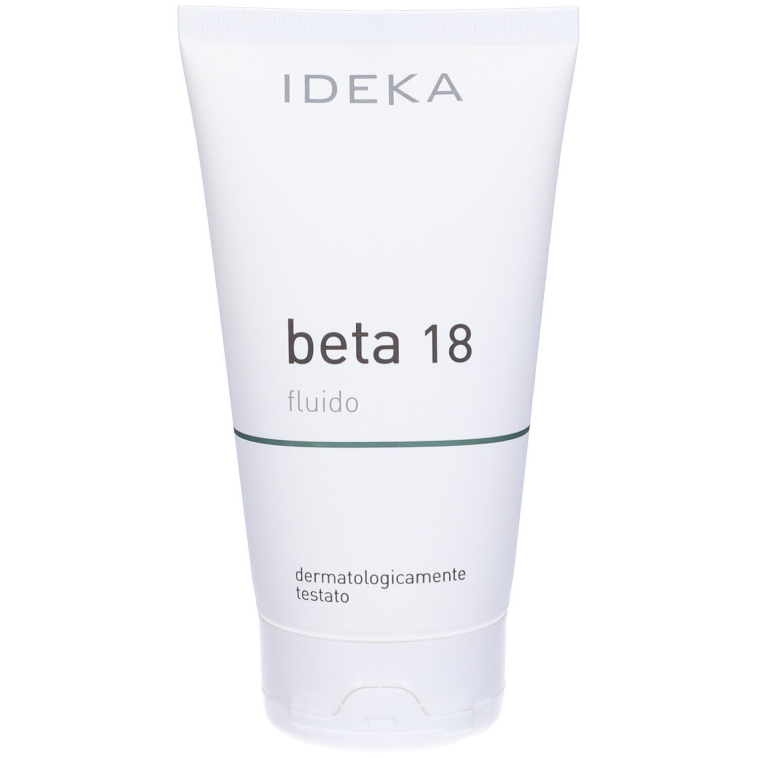 Tubo bianco con scritta grigia IDEKA, beta 18 fluido e dermatologicamente testato. Striscia verde.