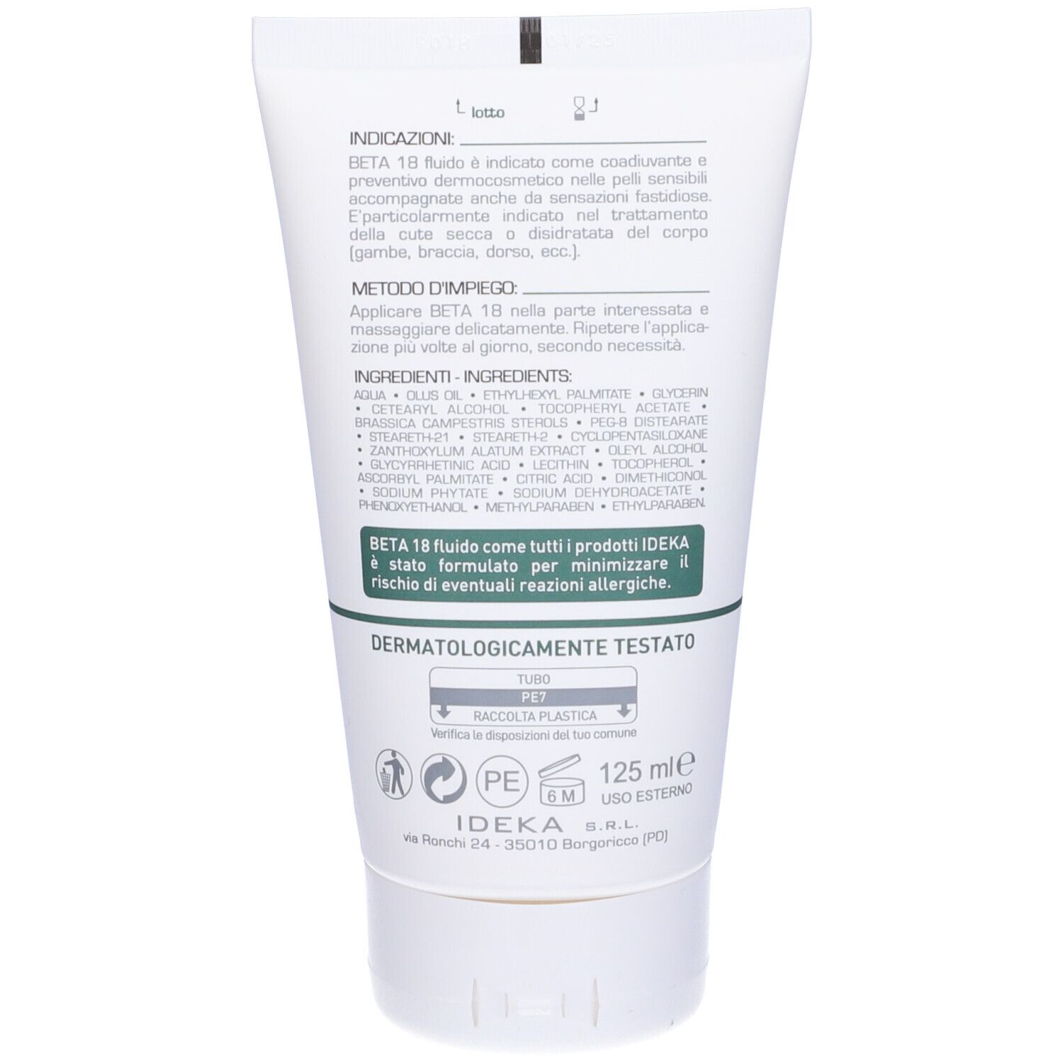 Retro del tubo. Testo con ingredienti e utilizzo. Dermatologicamente testato. 125 ml.