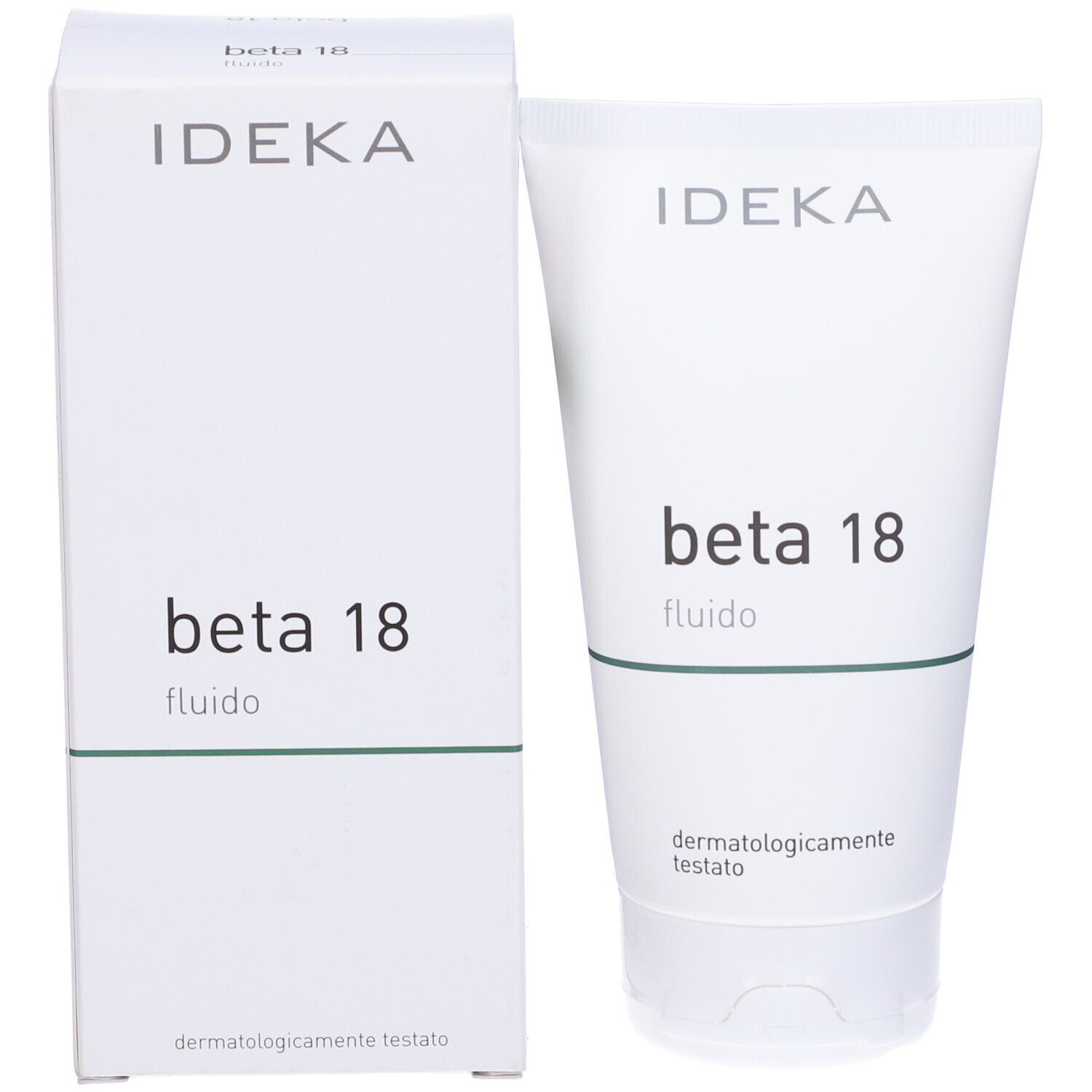 Scatola e tubo. Scritta IDEKA, beta 18 fluido e dermatologicamente testato. Striscia verde.