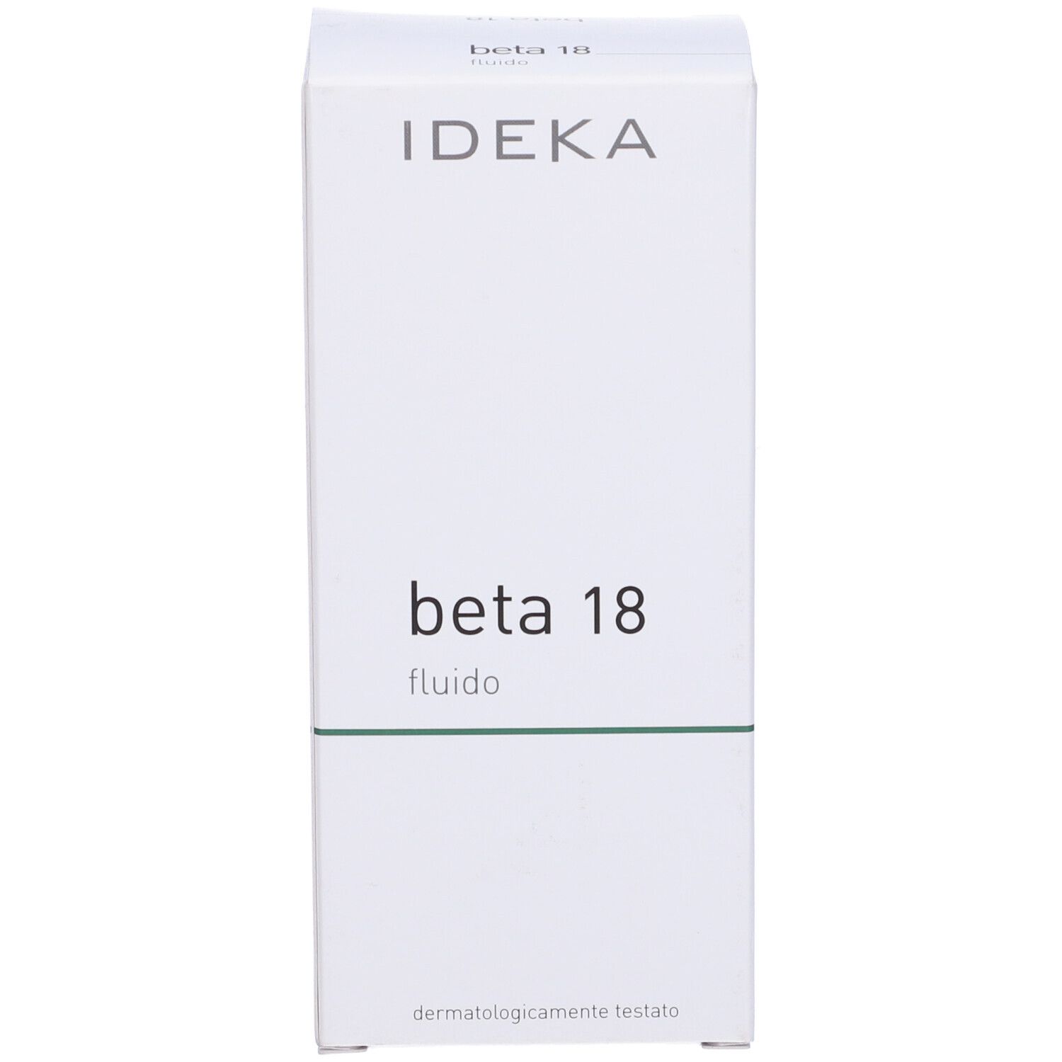 Scatola bianca con scritta IDEKA, beta 18 fluido e dermatologicamente testato. Striscia verde.