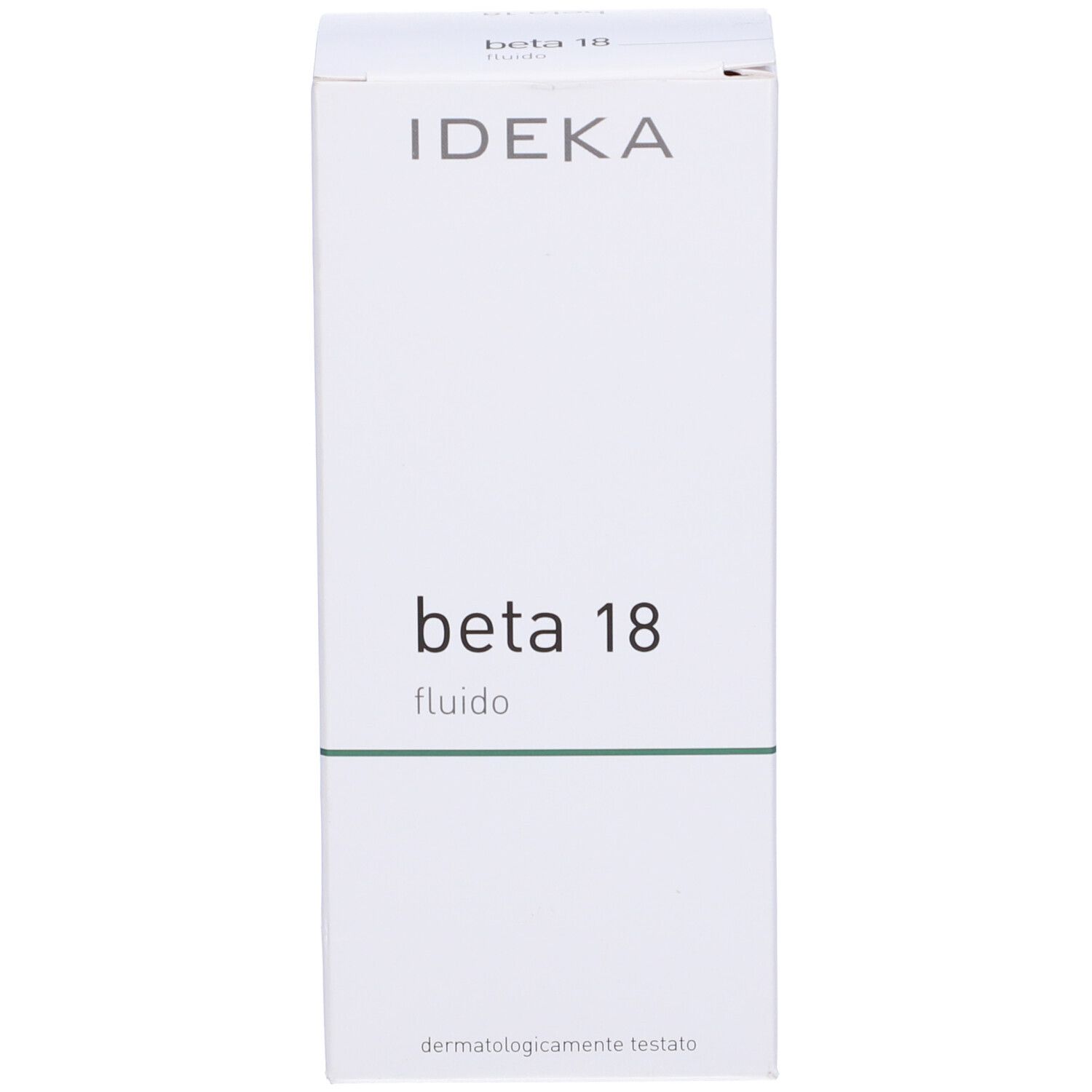 Scatola bianca con scritta IDEKA, beta 18 fluido e dermatologicamente testato. Striscia verde.