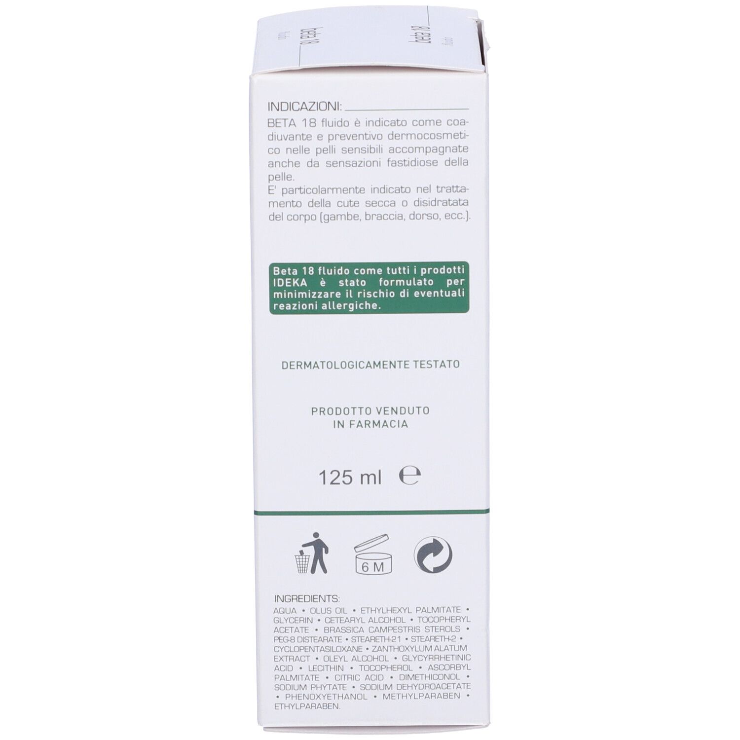 Retro della scatola. Testo con ingredienti e utilizzo. 125 ml. Dermatologicamente testato.