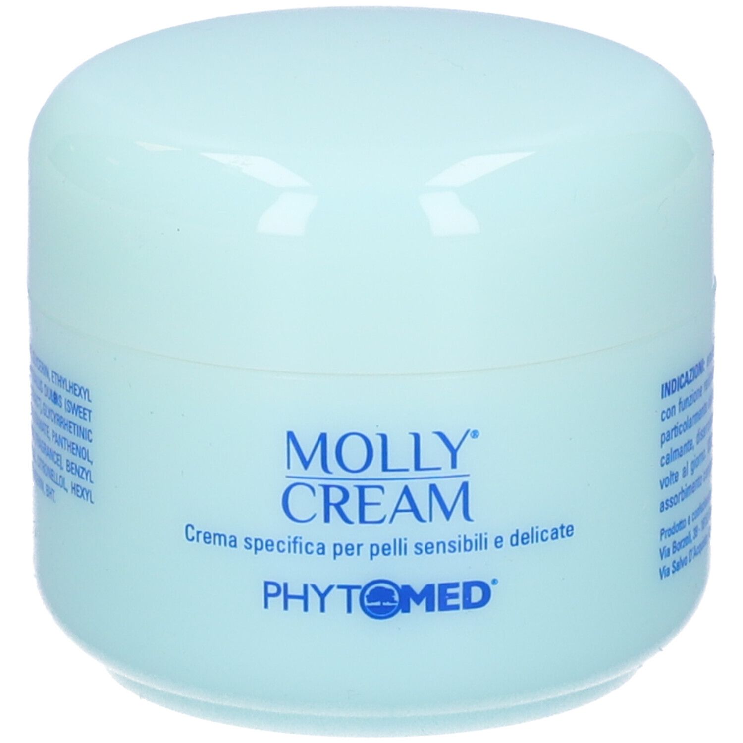 Vaso di crema azzurro chiaro. Scritto: MOLLY CREAM. Testo: Crema specifica per pelli sensibili e delicate. Logo.