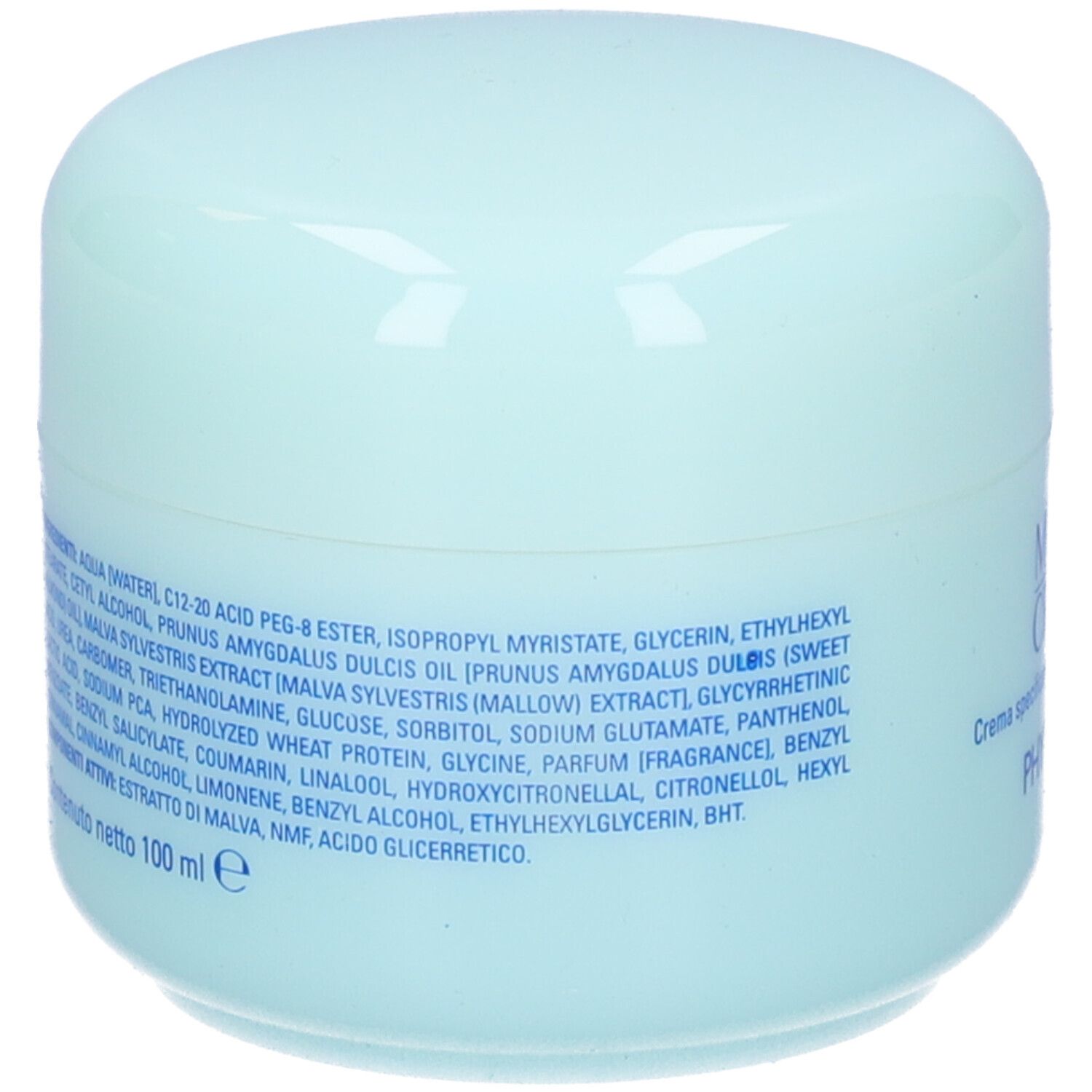Vaso di crema azzurro chiaro. Retro con ingredienti e testo. Testo: 100 ml.