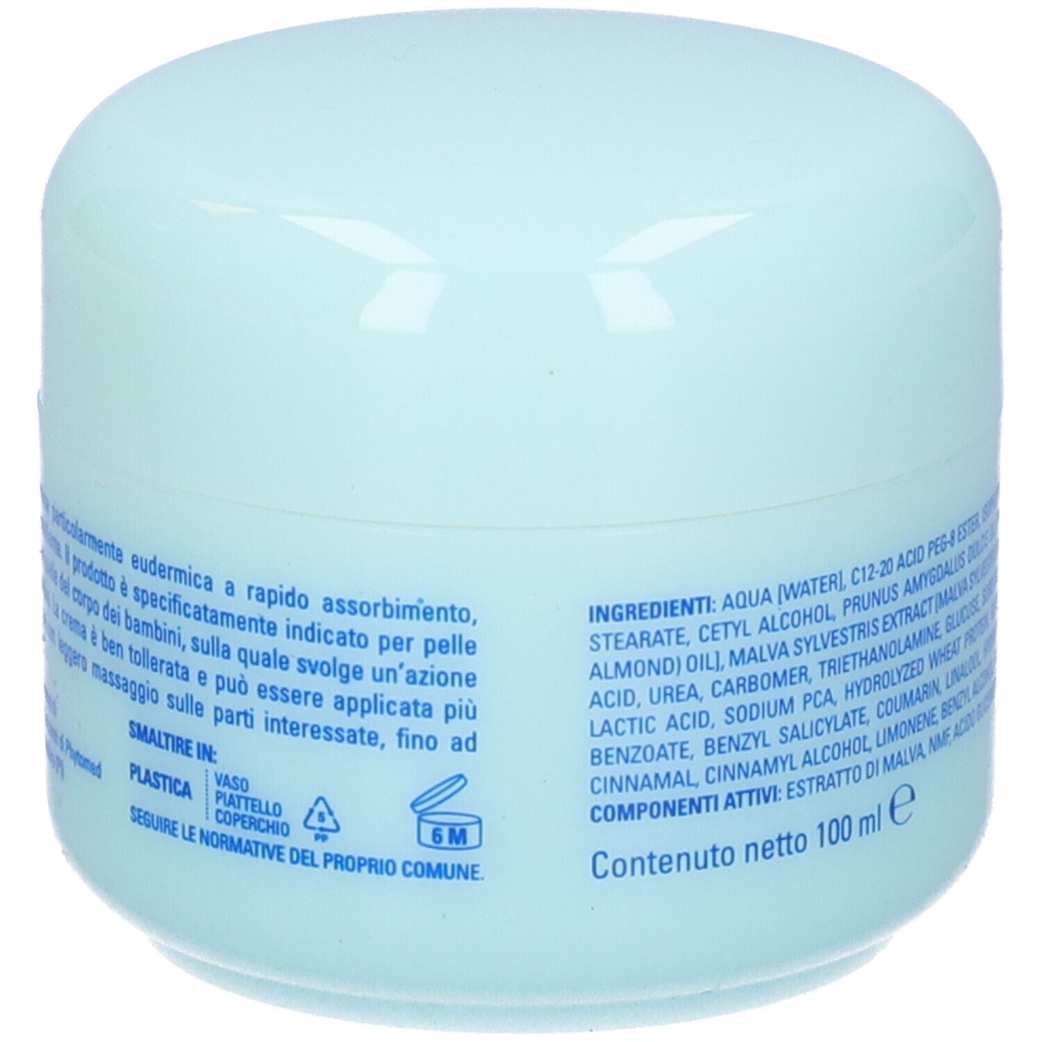 Vaso di crema azzurro chiaro. Retro con testo. Testo: 100 ml.