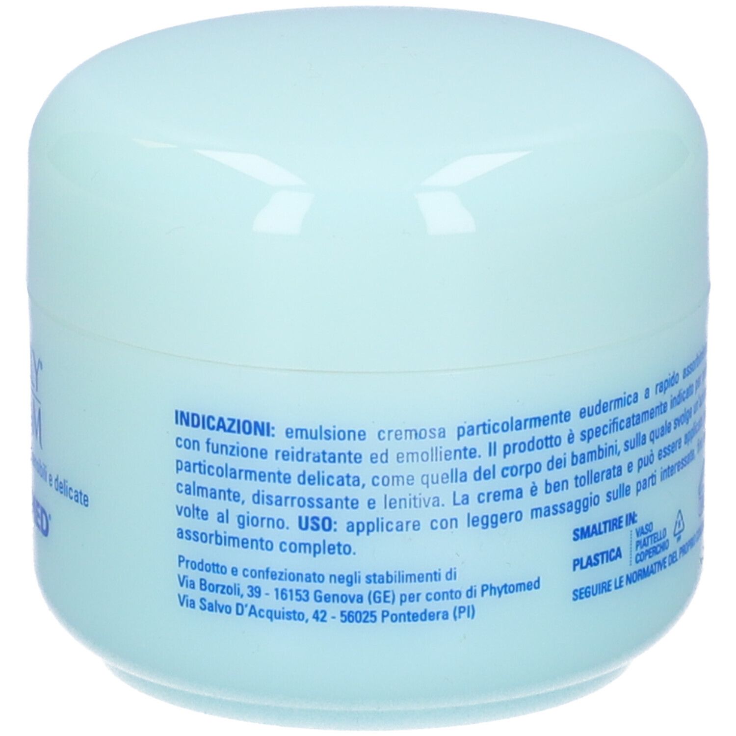 Vaso di crema azzurro chiaro. Retro con testo. Testo: 100 ml.