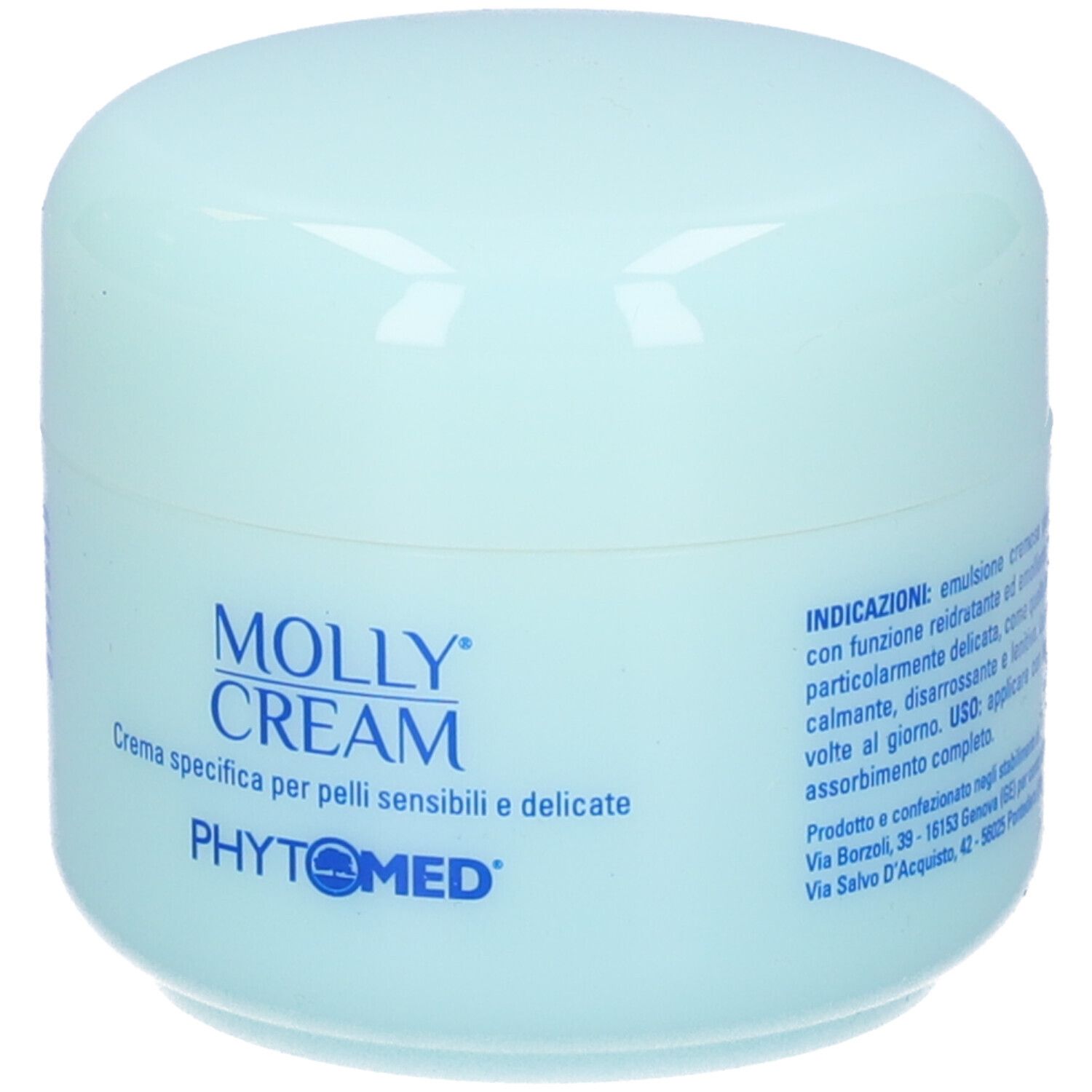 Vaso di crema azzurro chiaro. Scritto: MOLLY CREAM. Testo: Crema specifica per pelli sensibili e delicate. Logo.