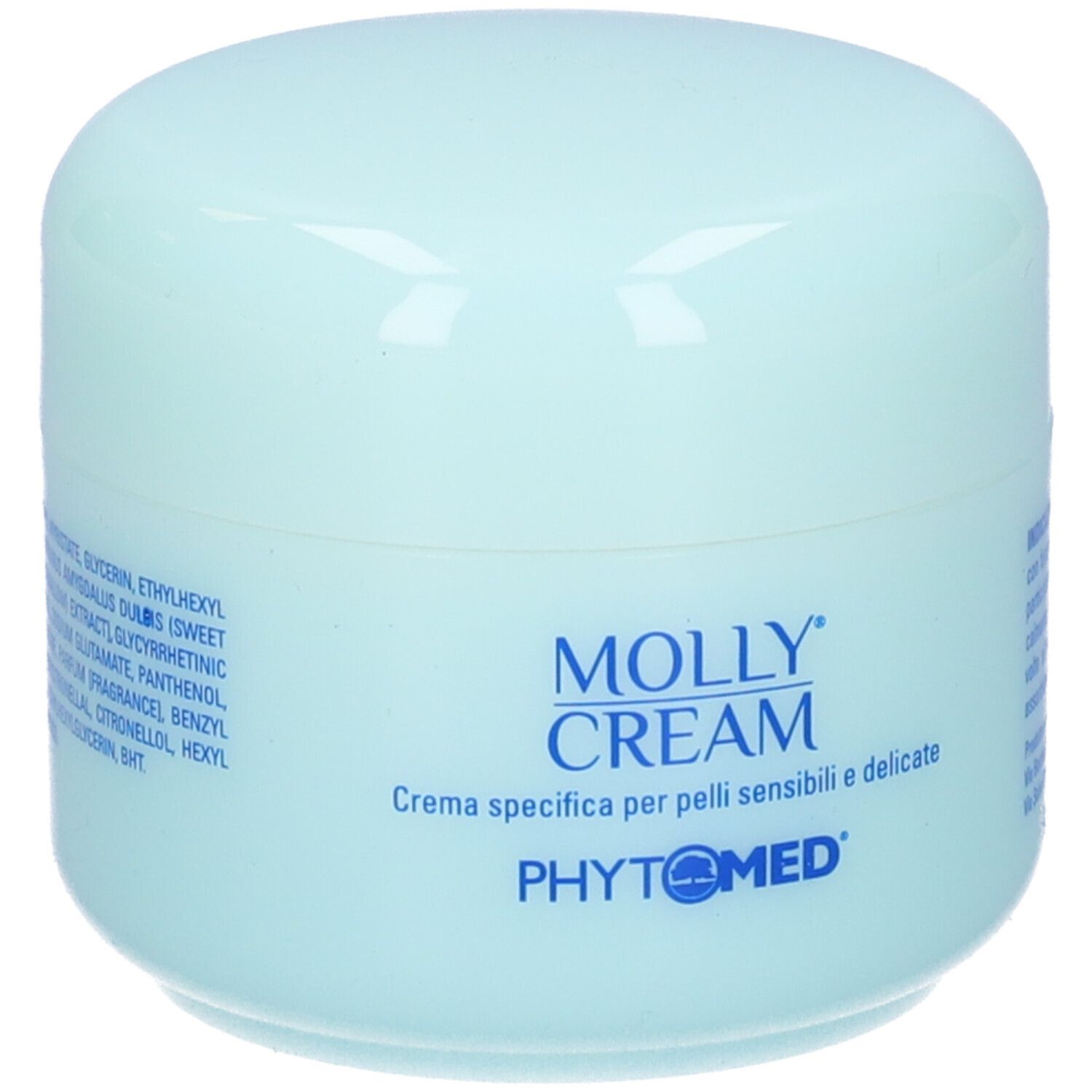 Vaso di crema azzurro chiaro. Scritto: MOLLY CREAM. Testo: Crema specifica per pelli sensibili e delicate. Logo.