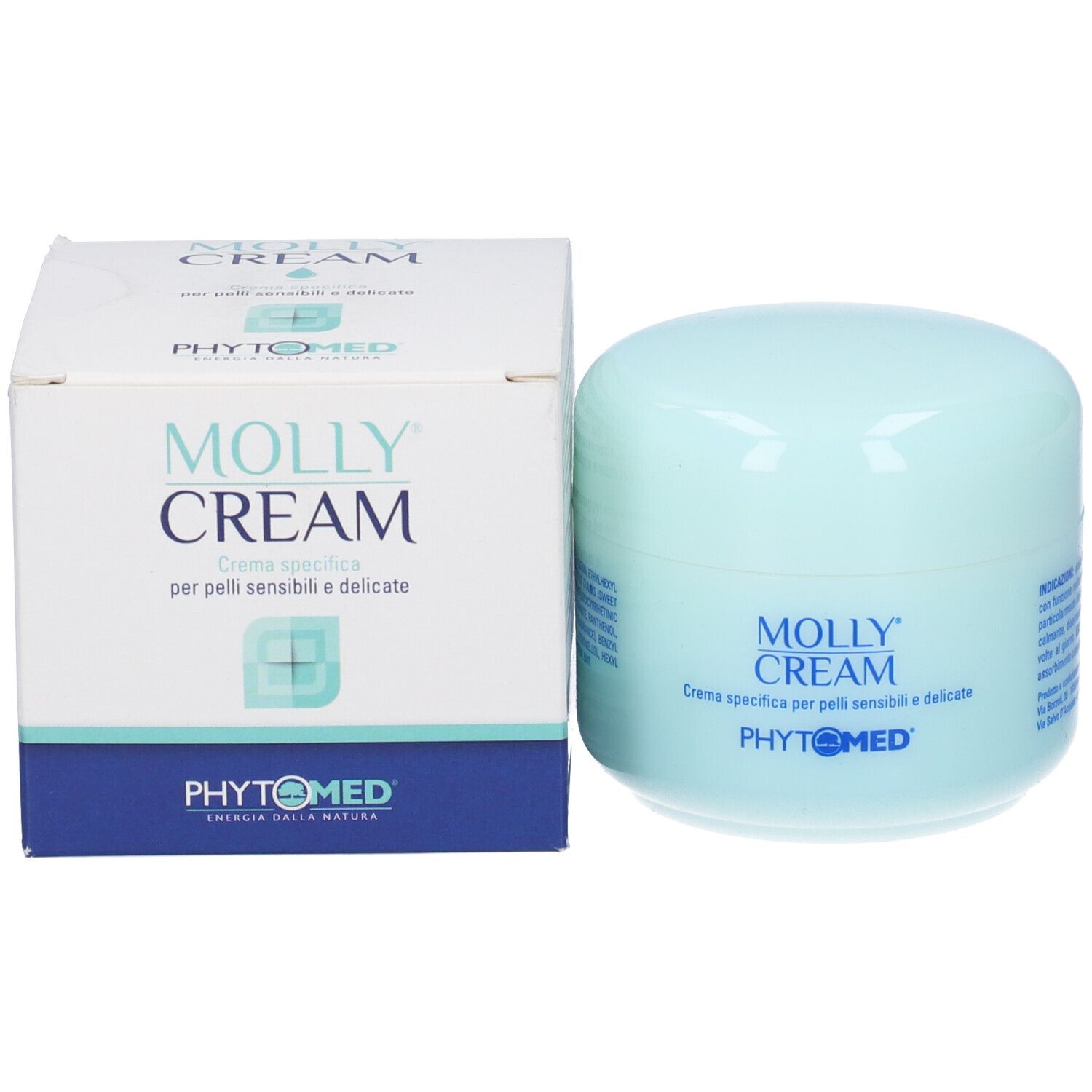 Vaso di crema azzurro chiaro e scatola. Scritto: MOLLY CREAM. Testo: Crema specifica per pelli sensibili e delicate. Logo.