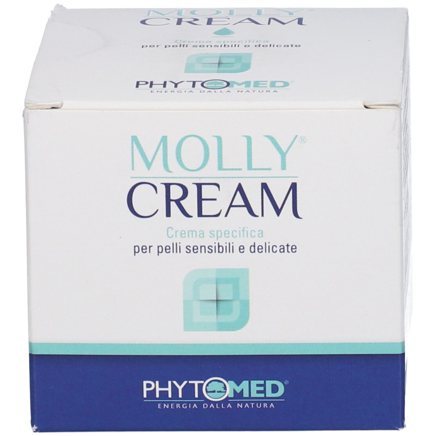 Scatola bianca con testo blu. Scritto: MOLLY CREAM. Testo: Crema specifica per pelli sensibili e delicate. Logo.