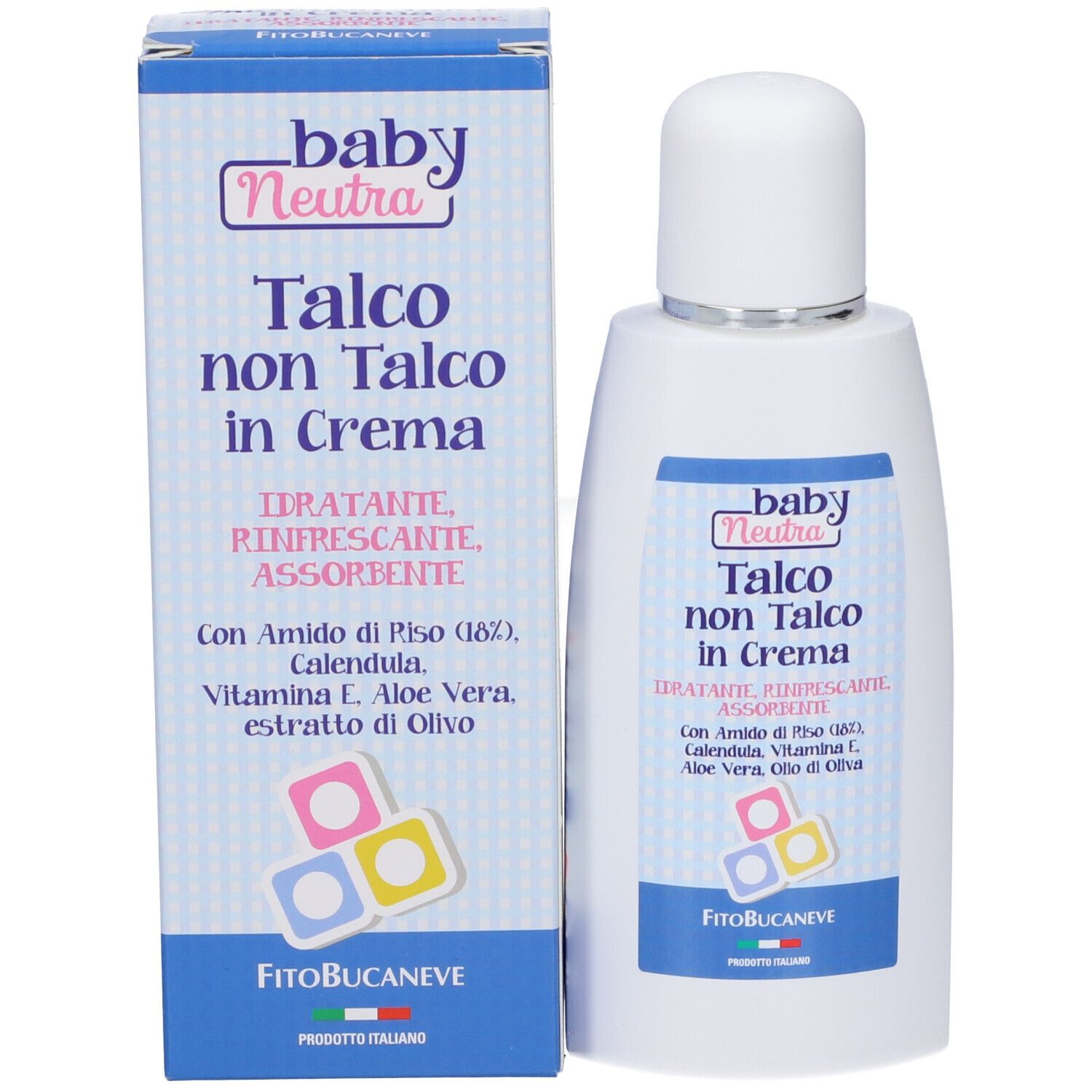 Flacone bianco con tappo bianco e scritte blu. Accanto, una scatola con design simile. Scritta: Talco non Talco in Crema.
