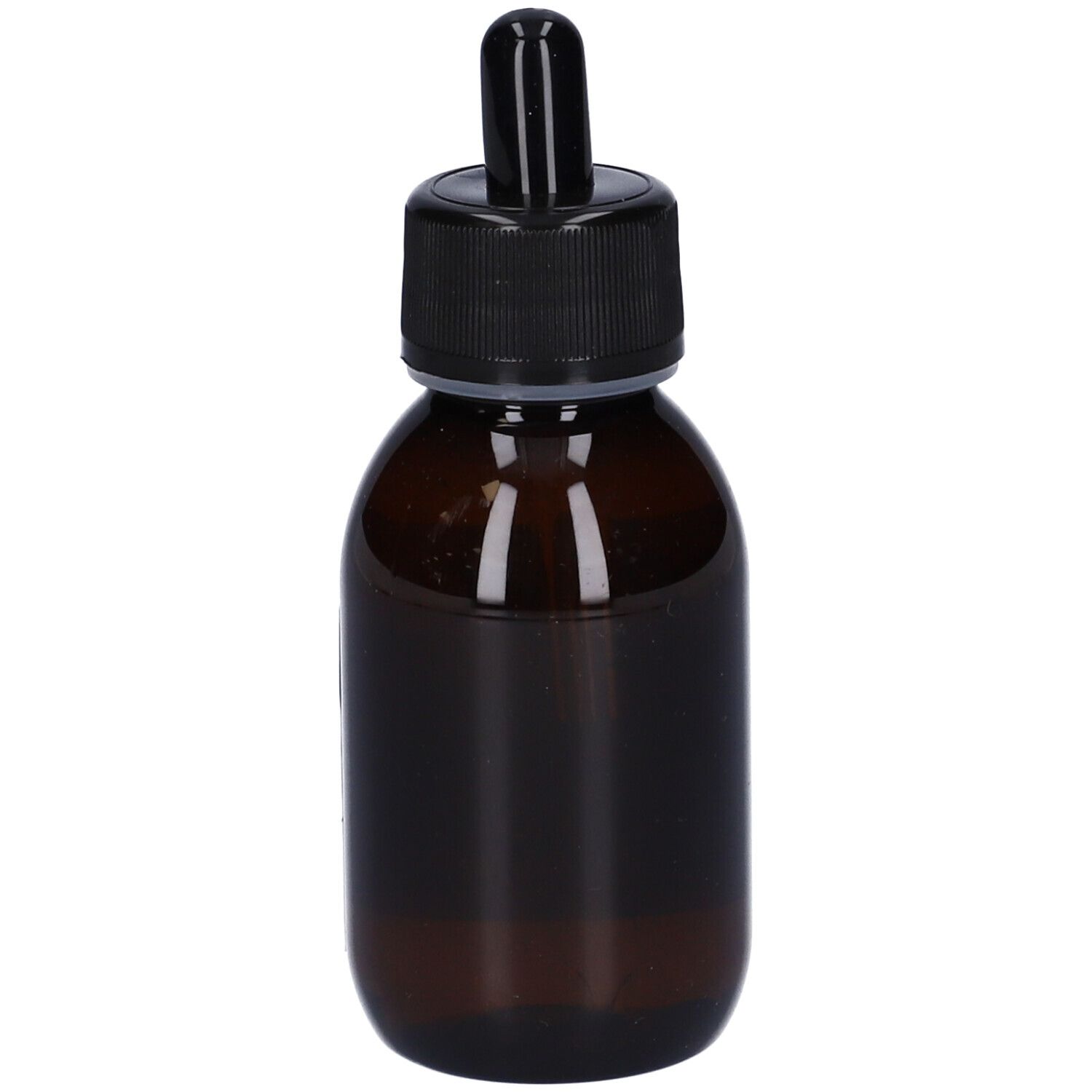 Flacone di vetro marrone con tappo nero e contagocce.