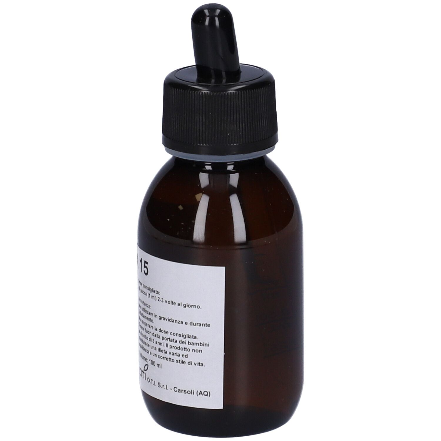 Flacone di vetro marrone con tappo nero e contagocce. Etichetta con informazioni sul prodotto.