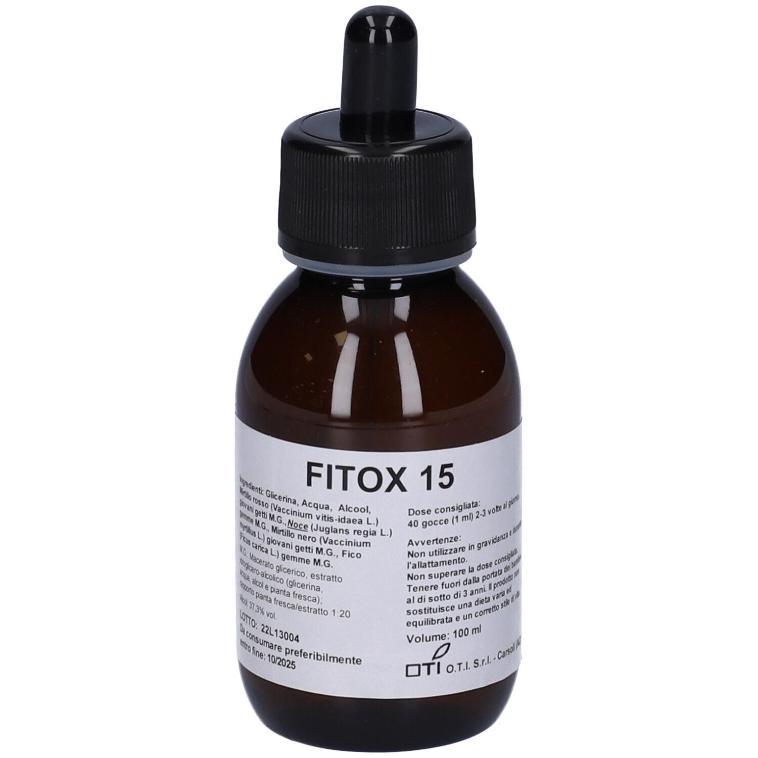 Flacone di vetro marrone con tappo nero e contagocce. Etichetta con informazioni sul prodotto.