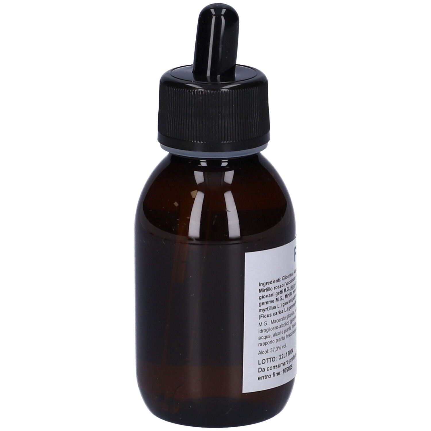 Flacone di vetro marrone con tappo nero e contagocce. Etichetta con informazioni sul prodotto.
