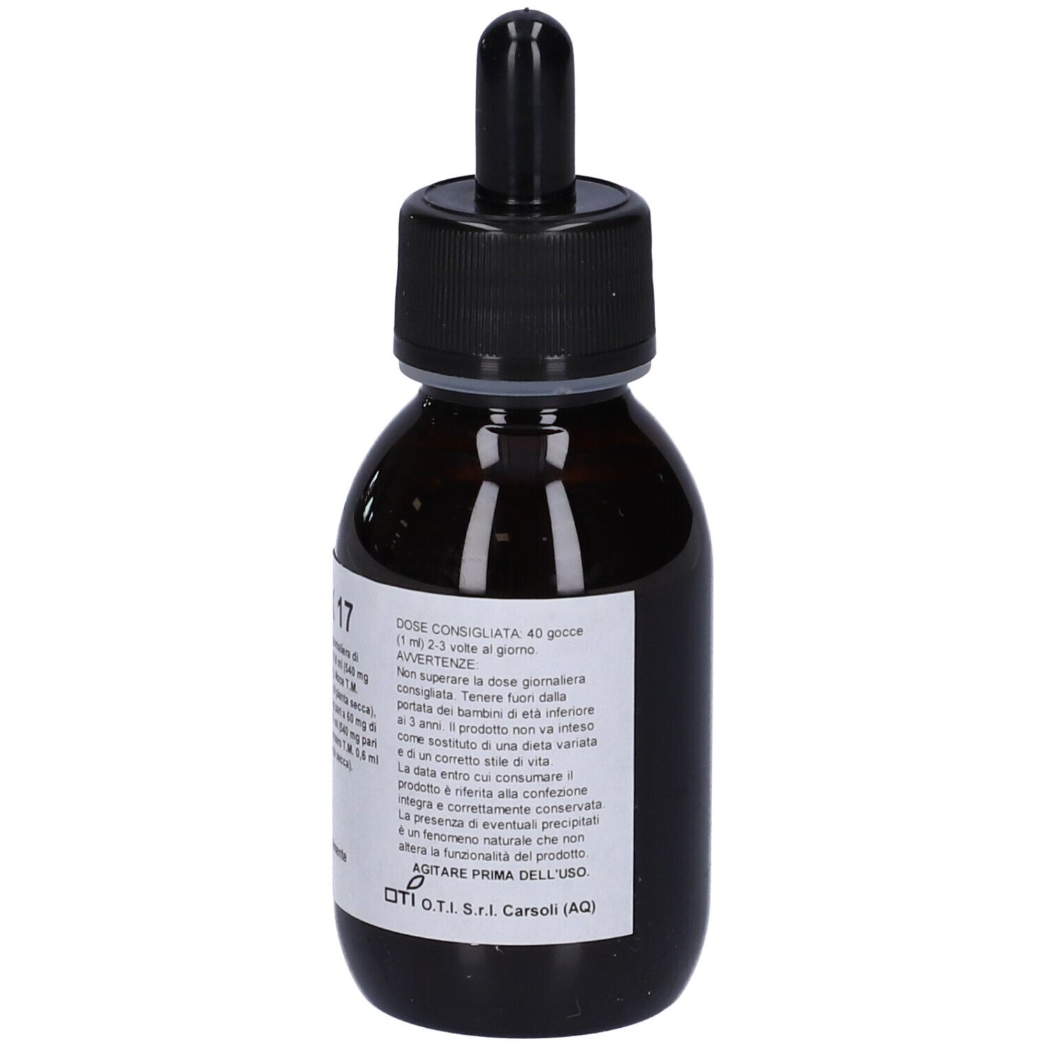 Flacone di vetro marrone con tappo nero e contagocce. Etichetta con informazioni sul prodotto. FITOX 17.