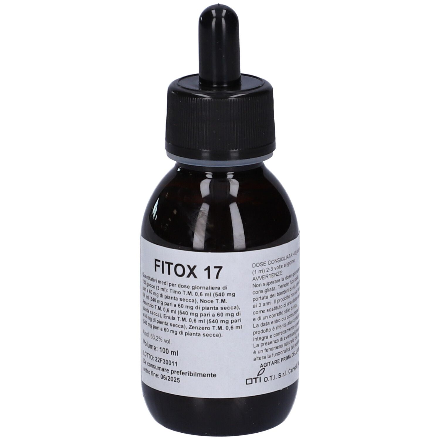 Flacone di vetro marrone con tappo nero e contagocce. Etichetta con informazioni sul prodotto. FITOX 17.