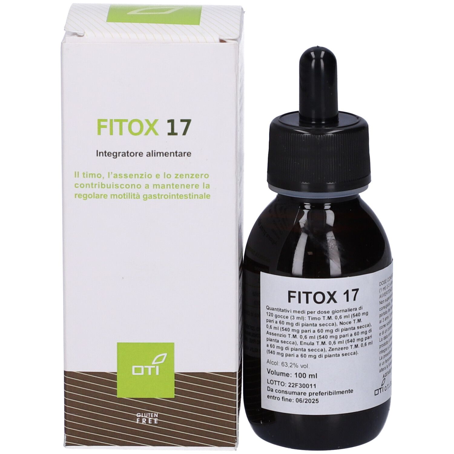 Flacone di vetro marrone con tappo nero e contagocce. FITOX 17 e una scatola bianca.