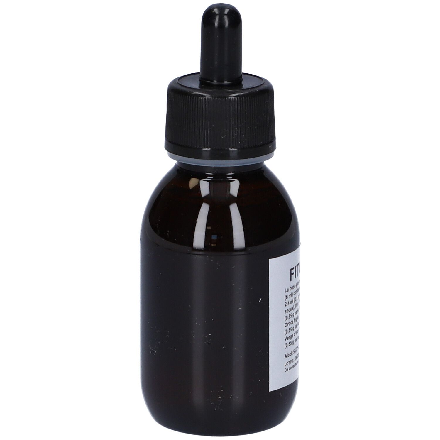 Flacone di vetro marrone con tappo nero e contagocce. Etichetta con testo. Nome prodotto: Fitox 48.