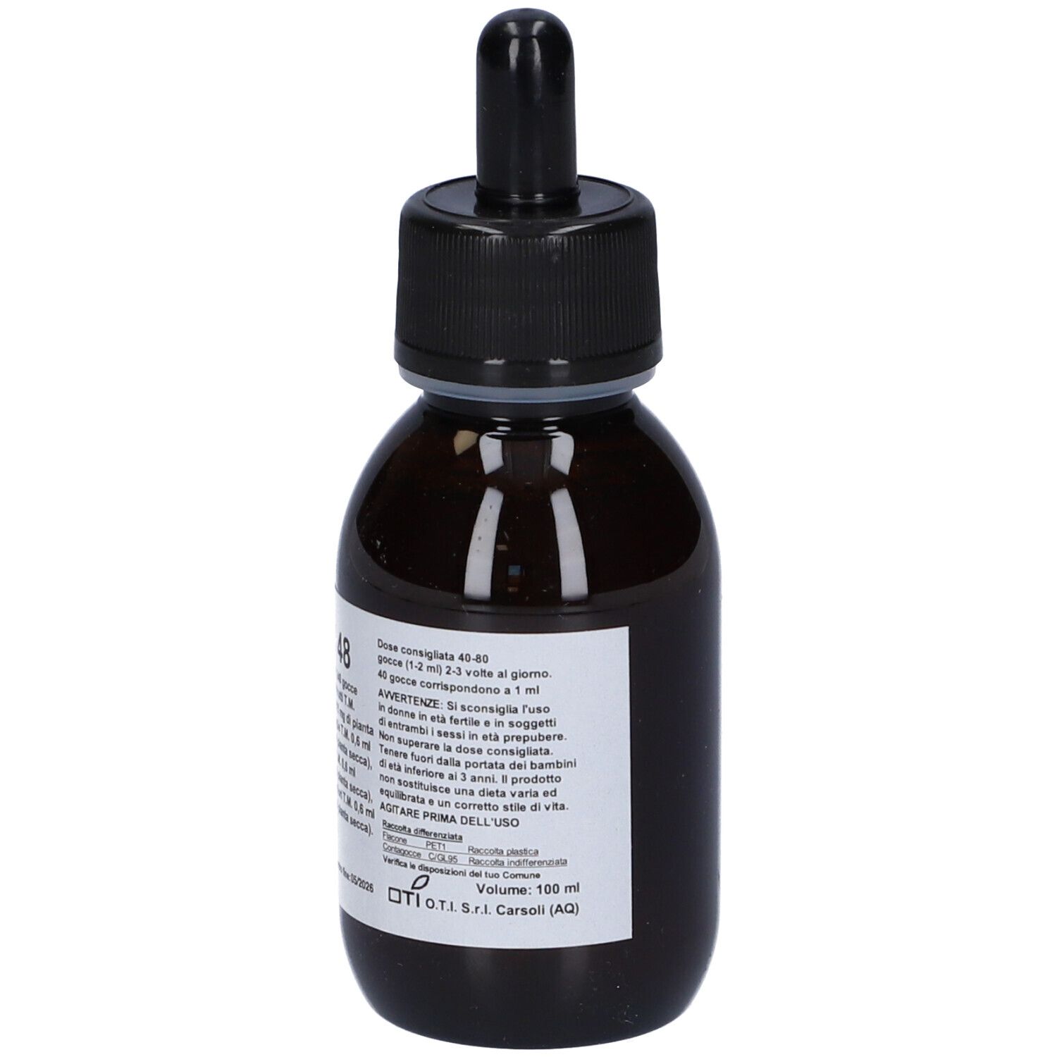 Flacone di vetro marrone con tappo nero e contagocce. Etichetta con testo. Nome prodotto: Fitox 48.