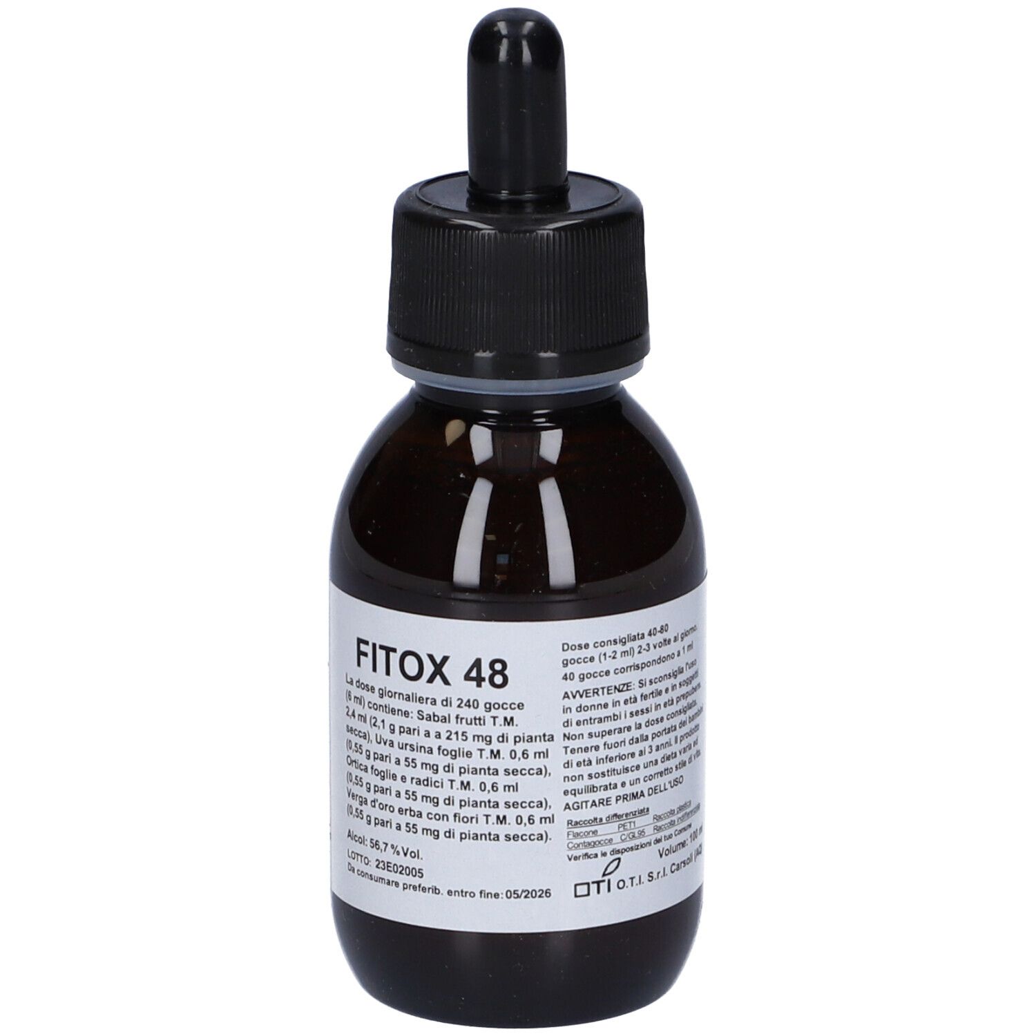 Flacone di vetro marrone con tappo nero e contagocce. Etichetta con testo. Nome prodotto: Fitox 48.