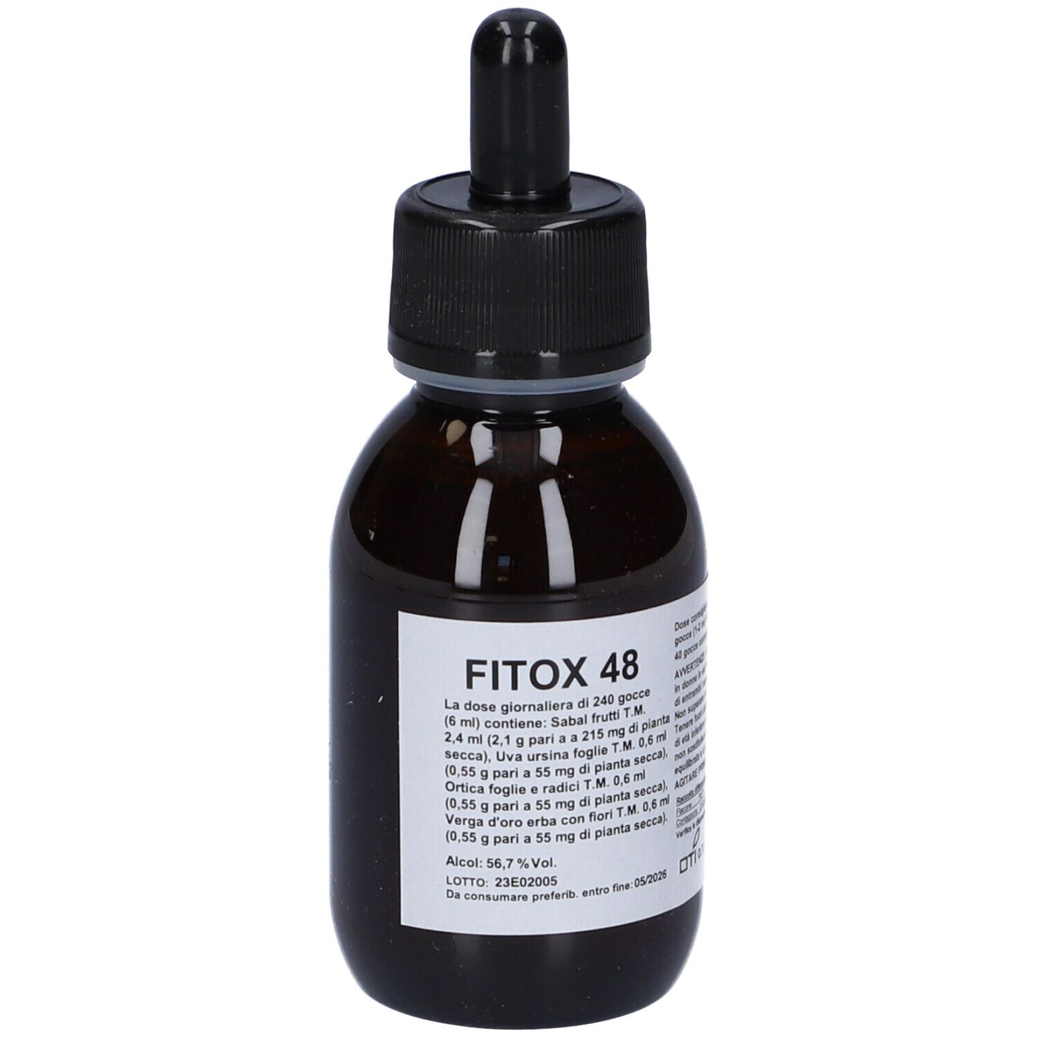 Flacone di vetro marrone con tappo nero e contagocce. Etichetta con testo. Nome prodotto: Fitox 48.