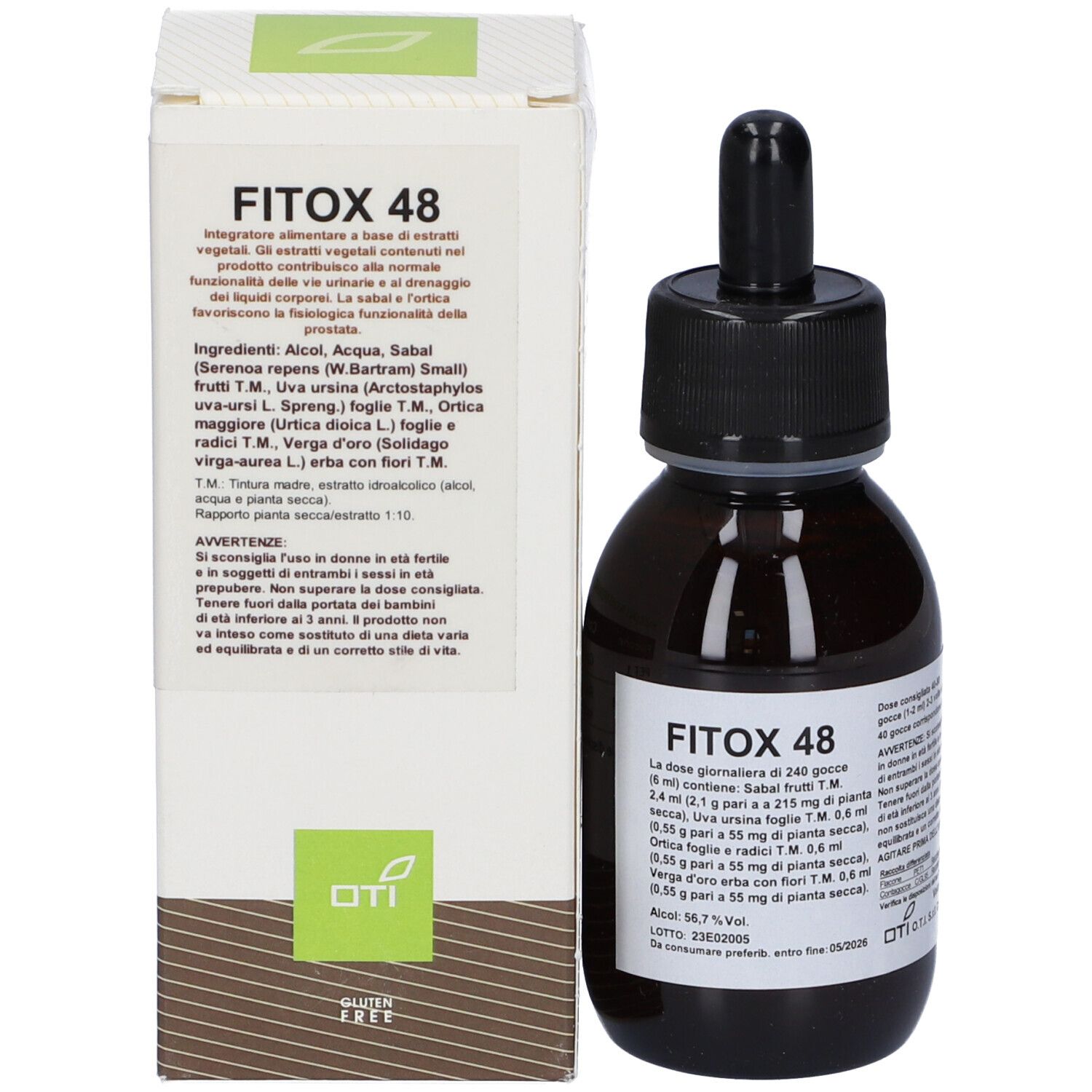 Flacone di vetro marrone con tappo nero e contagocce, accanto a una scatola bianca. Nome prodotto: Fitox 48.