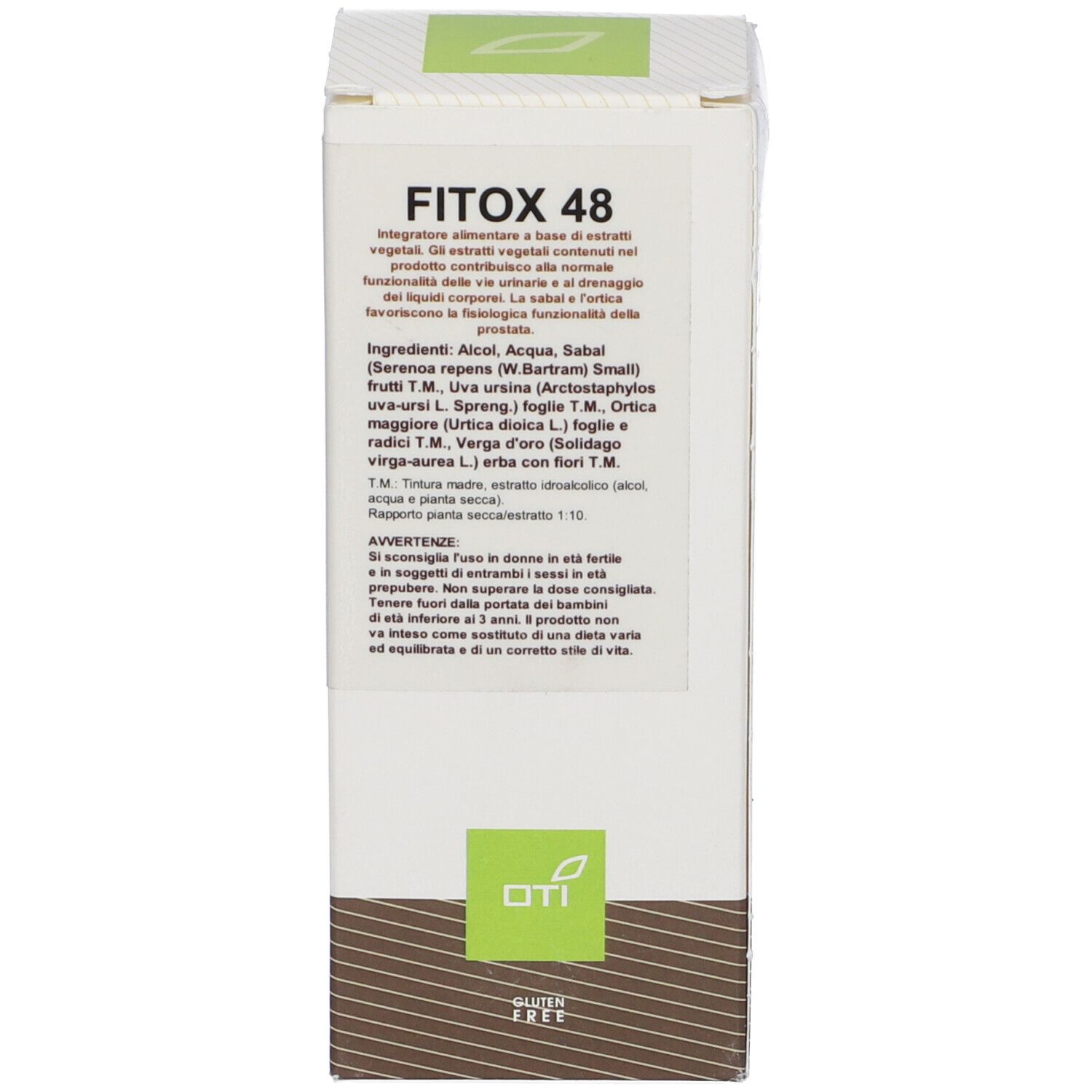 Scatola bianca con coperchio verde. Nome prodotto: Fitox 48. Testo e logo.