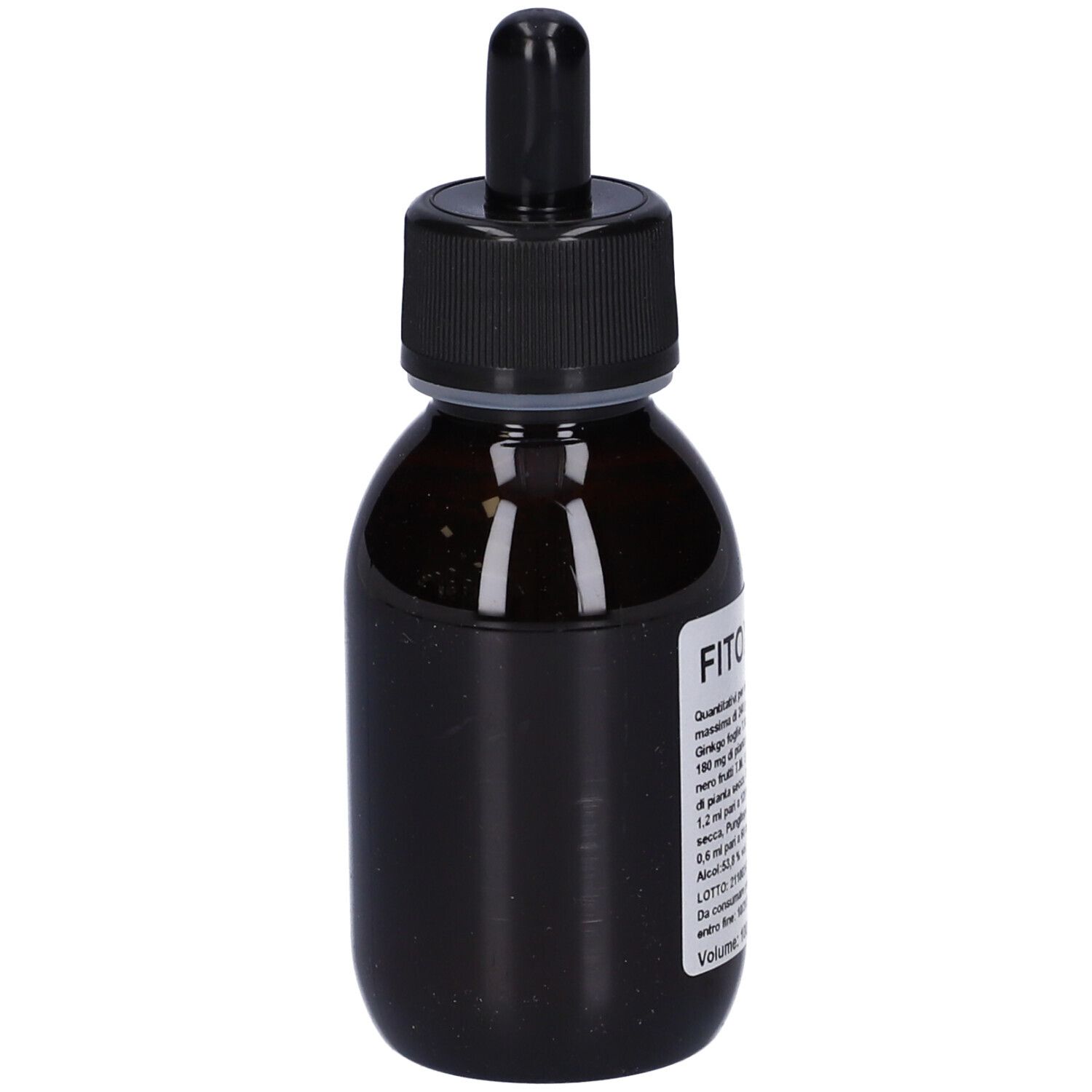 Flacone di vetro marrone con tappo nero e contagocce. Etichetta con ingredienti e volume.