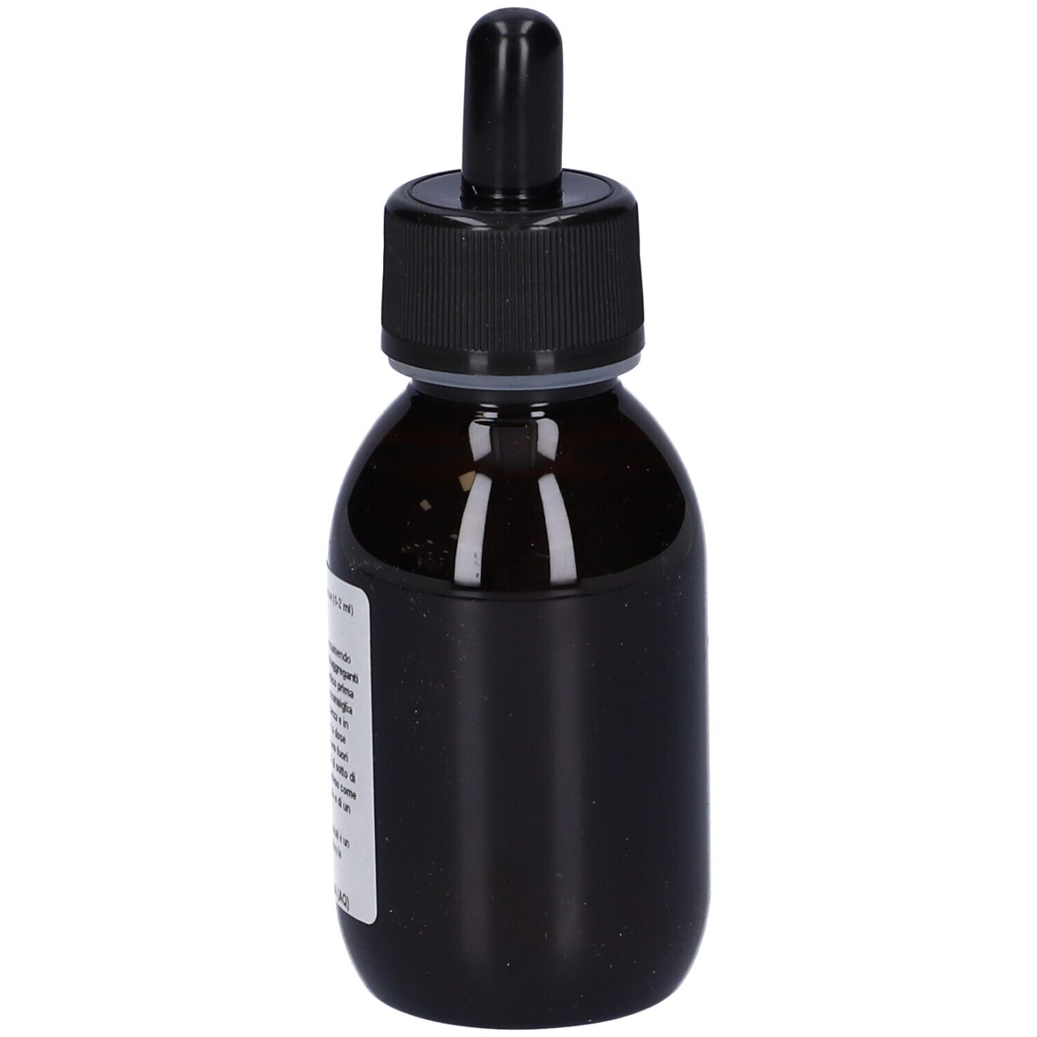 Flacone di vetro marrone con tappo nero e contagocce. Etichetta con ingredienti e volume.