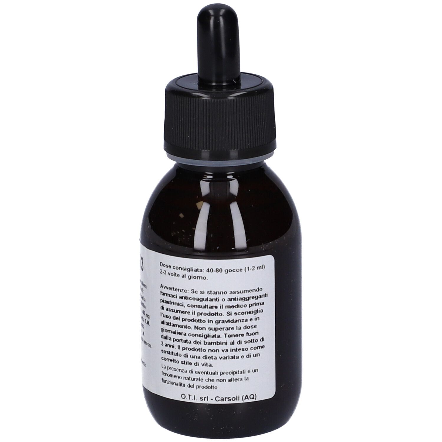Flacone di vetro marrone con tappo nero e contagocce. Etichetta con istruzioni per il dosaggio.