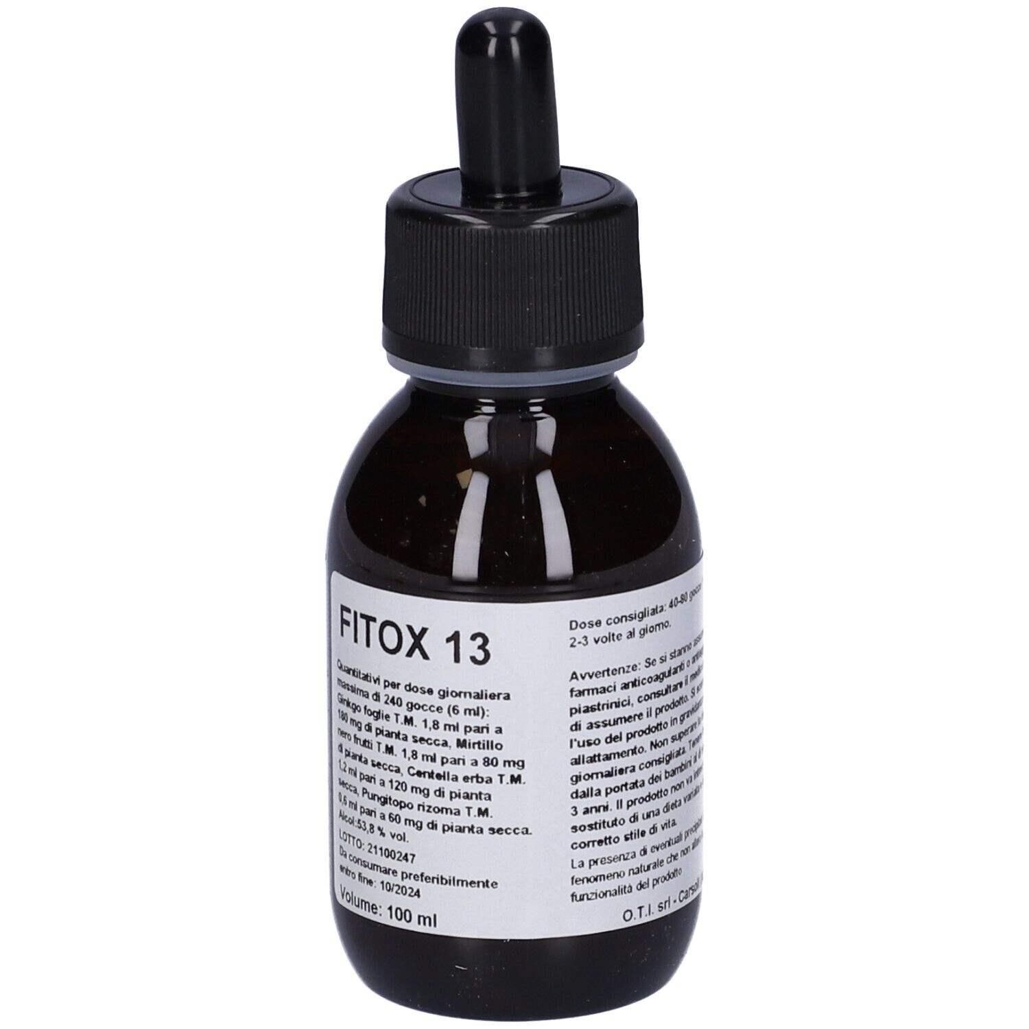 Flacone di vetro marrone con tappo nero e contagocce. Etichetta con ingredienti e dosaggio.