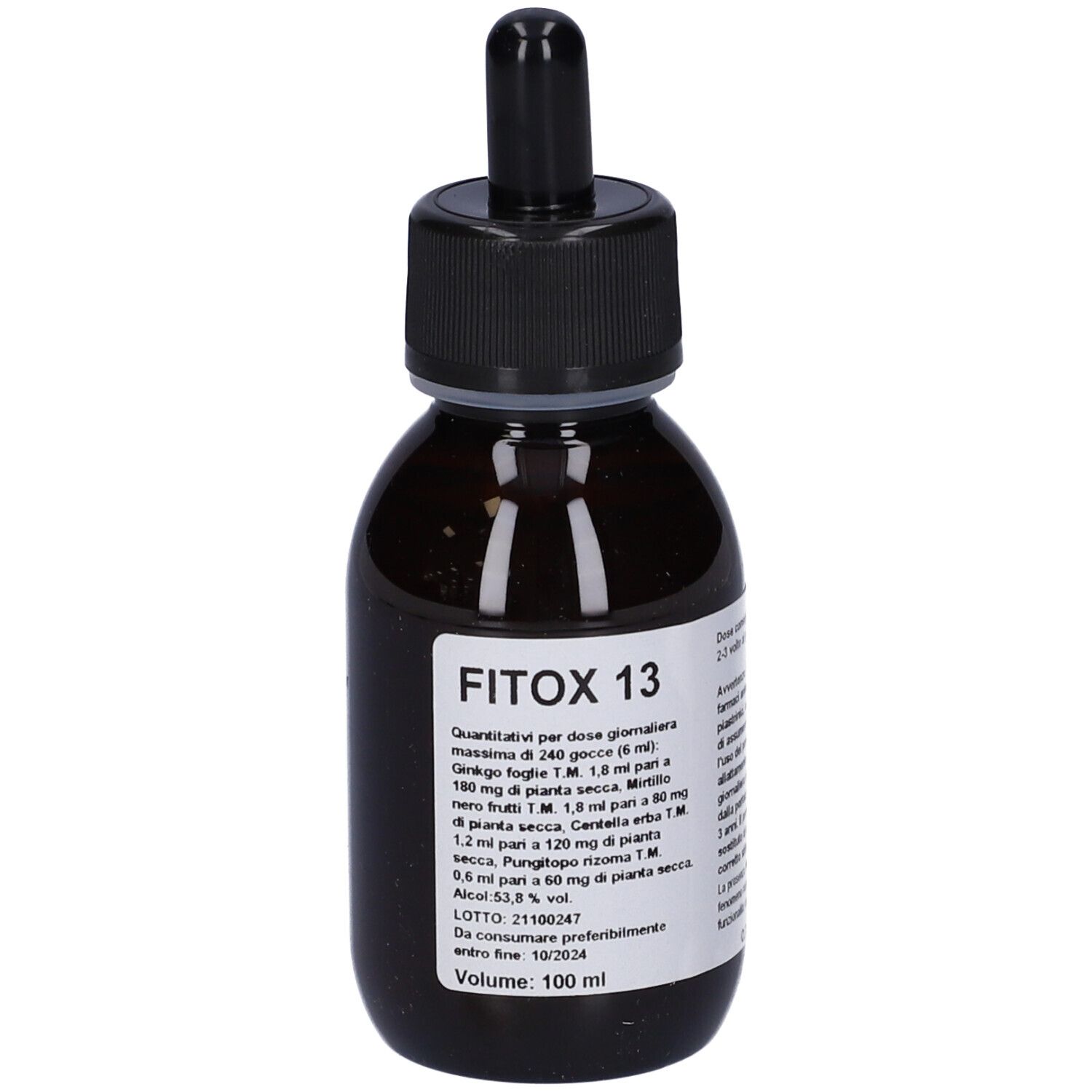 Flacone di vetro marrone con tappo nero e contagocce. Etichetta con ingredienti e volume.