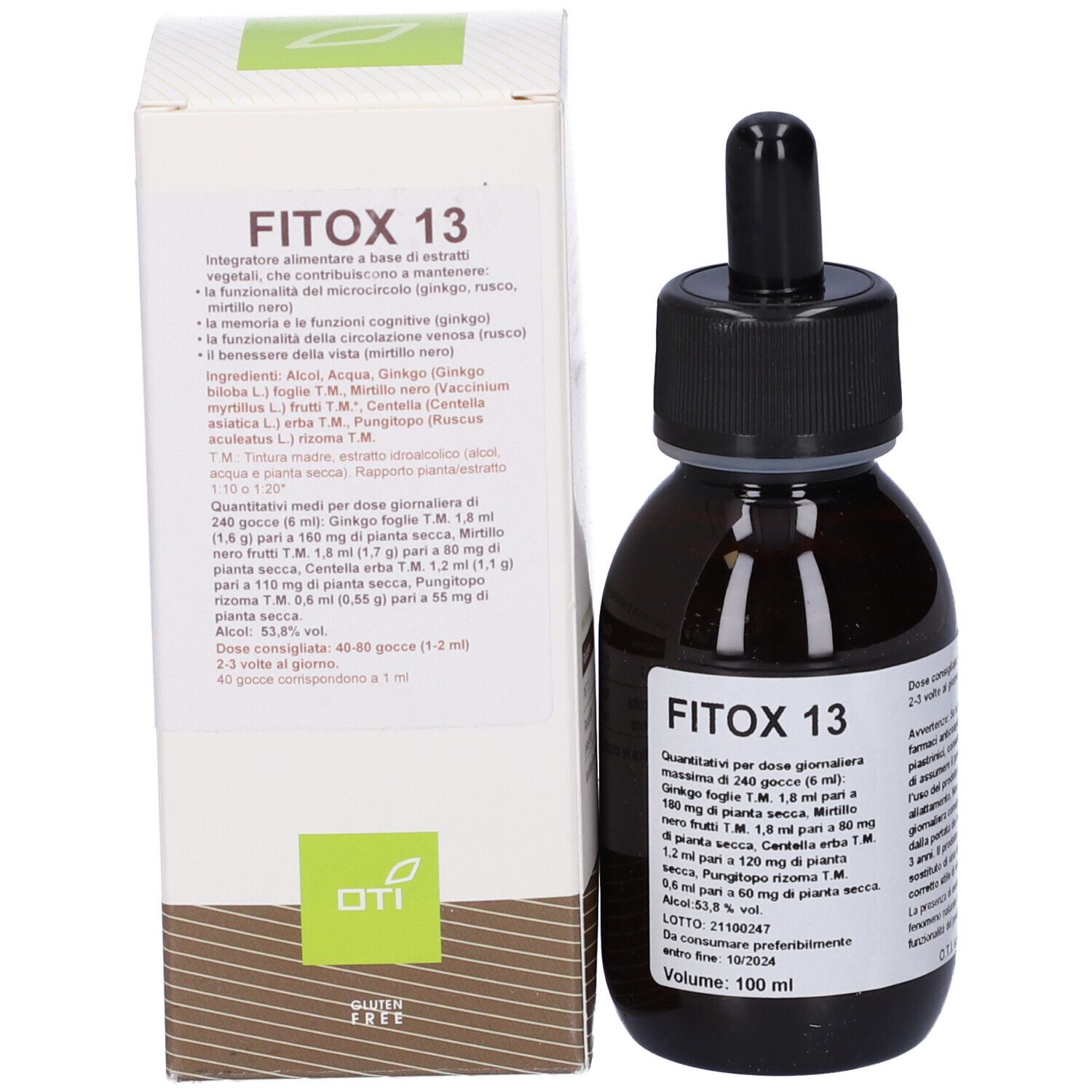 Flacone del prodotto con confezione. Flacone: vetro marrone, tappo nero. Confezione: bianca con testo.