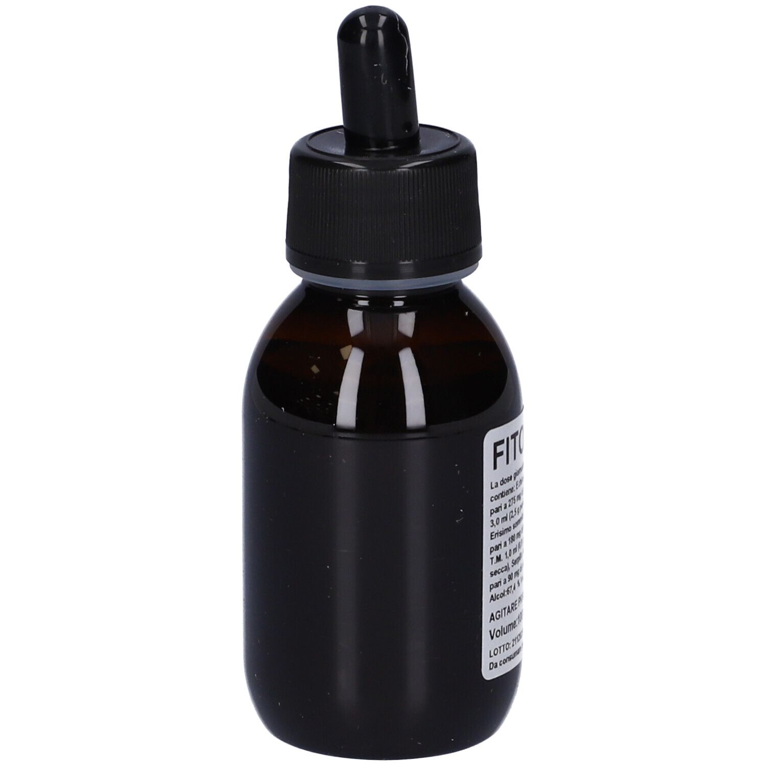 Flacone di vetro marrone con tappo nero e contagocce. Etichetta con testo. Nome prodotto: Fitox 28.