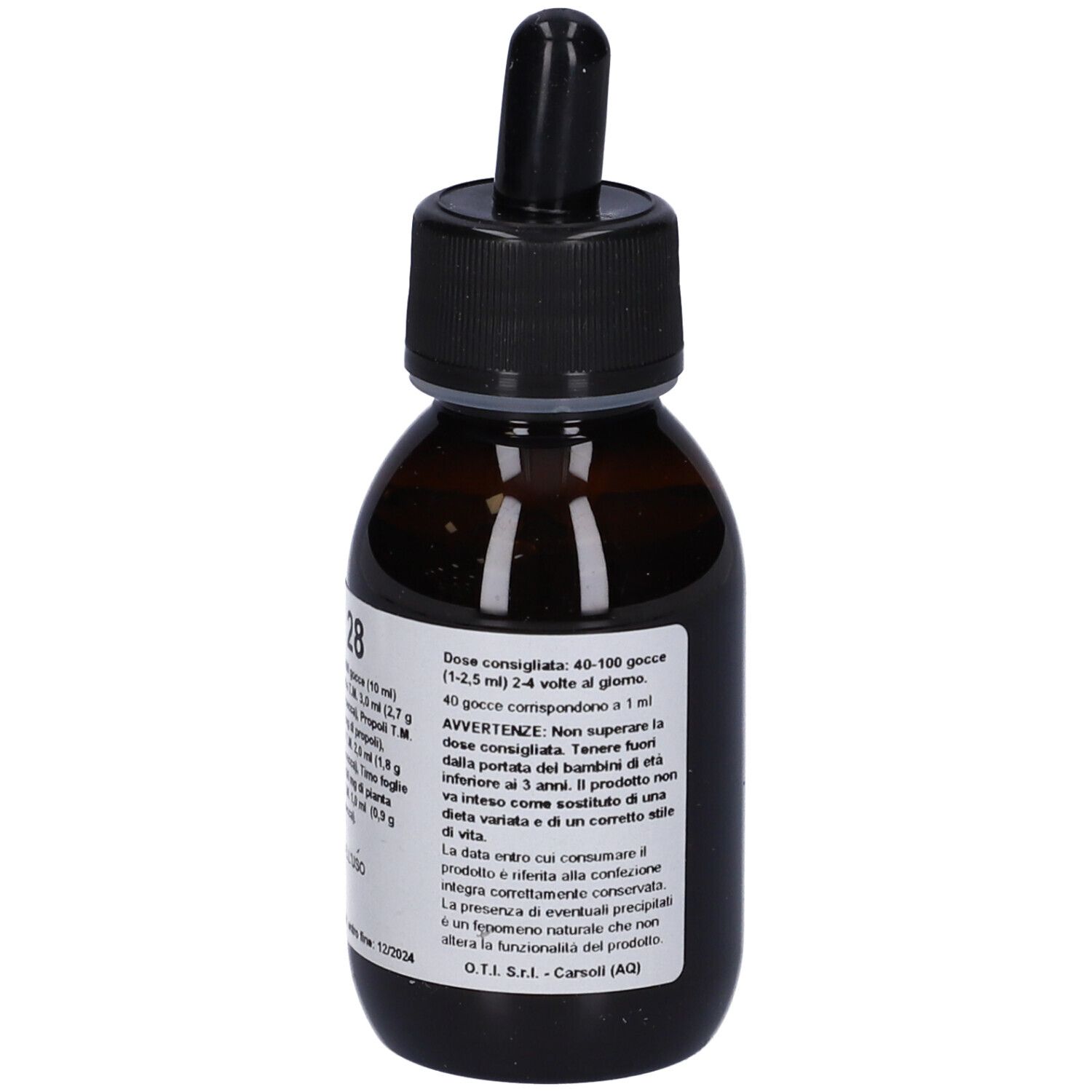 Flacone di vetro marrone con tappo nero e contagocce. Etichetta con testo. Nome prodotto: Fitox 28.