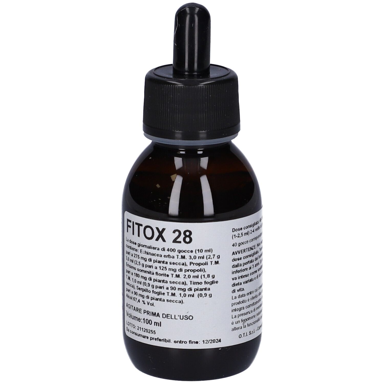 Flacone di vetro marrone con tappo nero e contagocce. Etichetta con testo. Nome prodotto: Fitox 28.