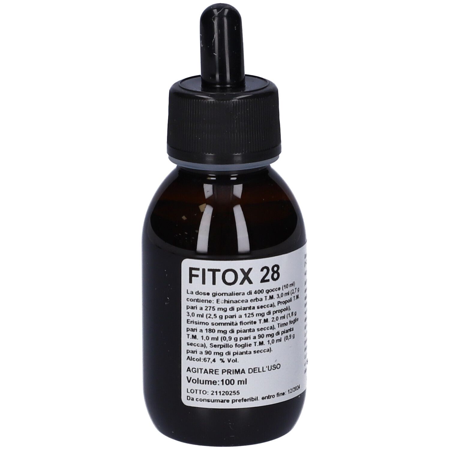 Flacone di vetro marrone con tappo nero e contagocce. Etichetta con testo. Nome prodotto: Fitox 28.