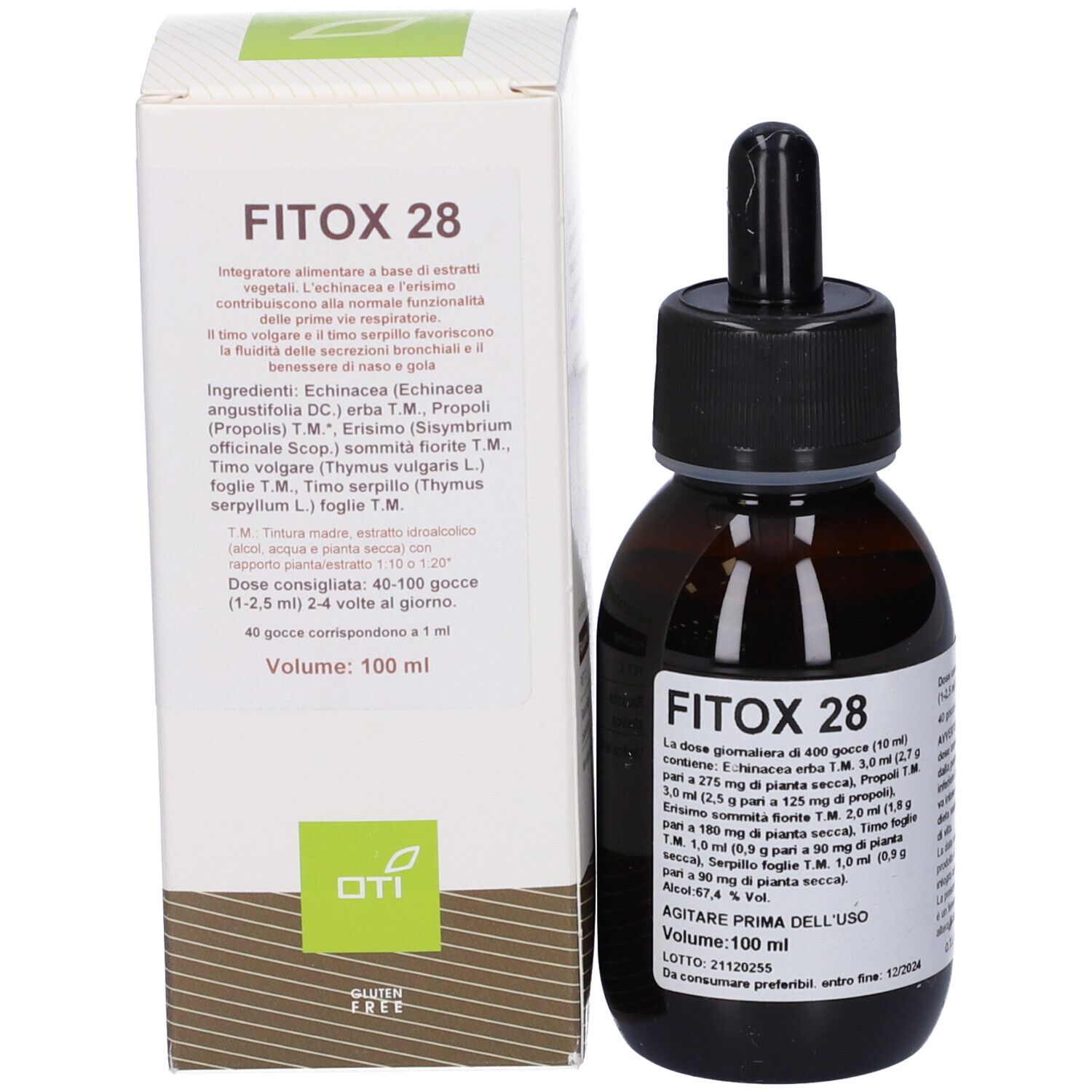 Flacone di vetro marrone con tappo nero e contagocce, accanto a una scatola bianca. Nome prodotto: Fitox 28.