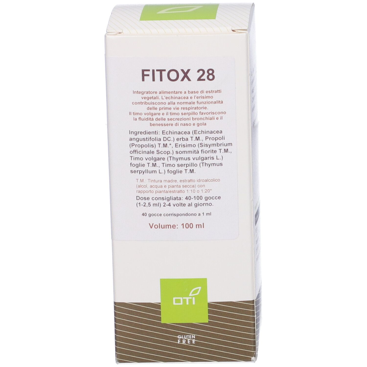 Scatola bianca con logo verde e testo. Nome prodotto: Fitox 28.