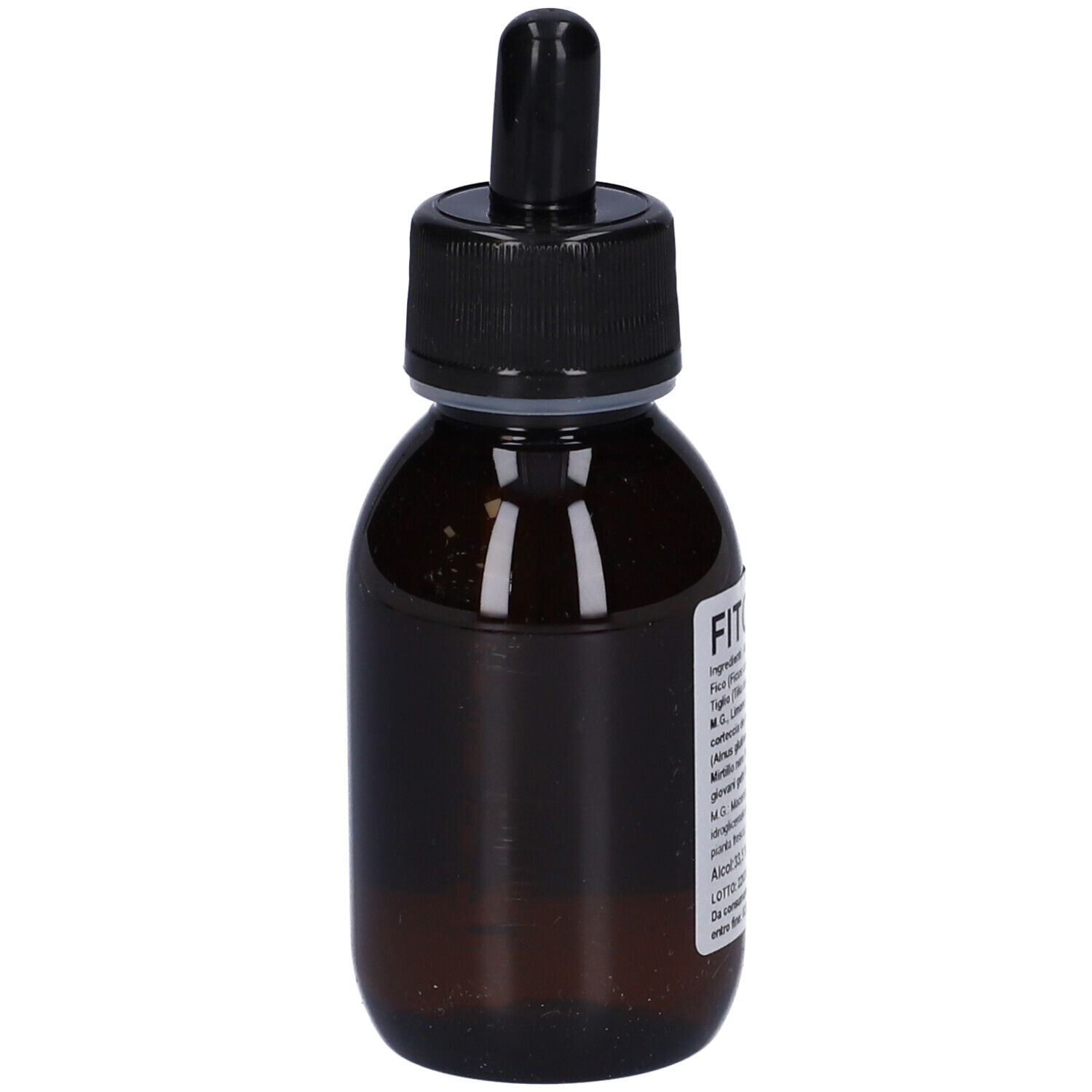 Flacone di vetro marrone con tappo nero e contagocce. Etichetta con ingredienti e altre informazioni.