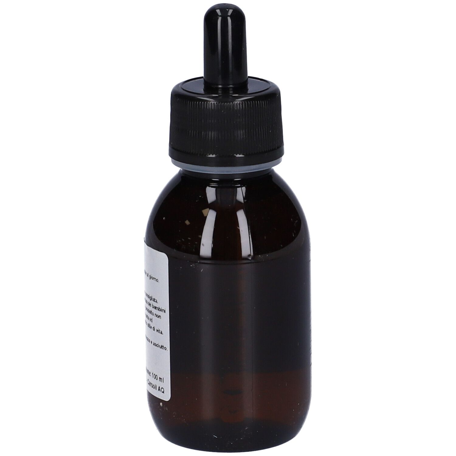 Flacone di vetro marrone con tappo nero e contagocce. Etichetta con ingredienti e altre informazioni.