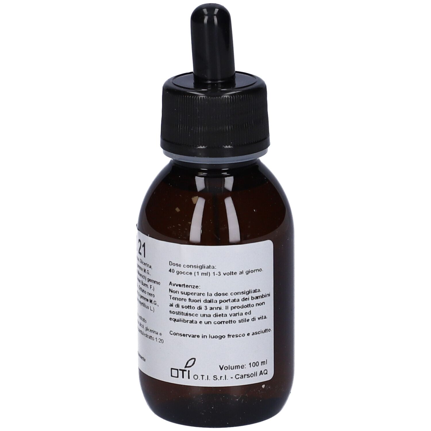 Flacone di vetro marrone con tappo nero e contagocce. Scritta FITOX 21. Etichetta con istruzioni per il dosaggio e altre informazioni.