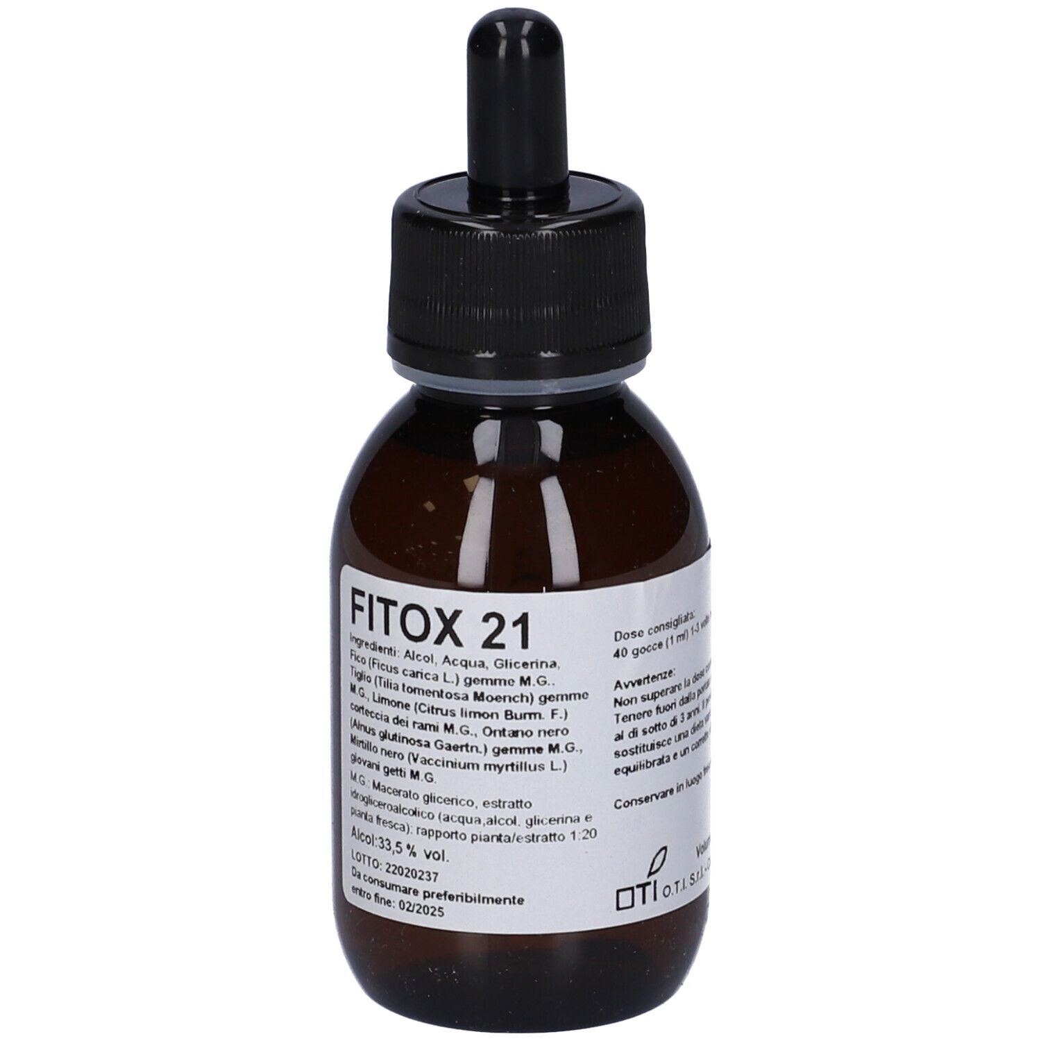 Flacone di vetro marrone con tappo nero e contagocce. Scritta FITOX 21. Etichetta con ingredienti e altre informazioni.