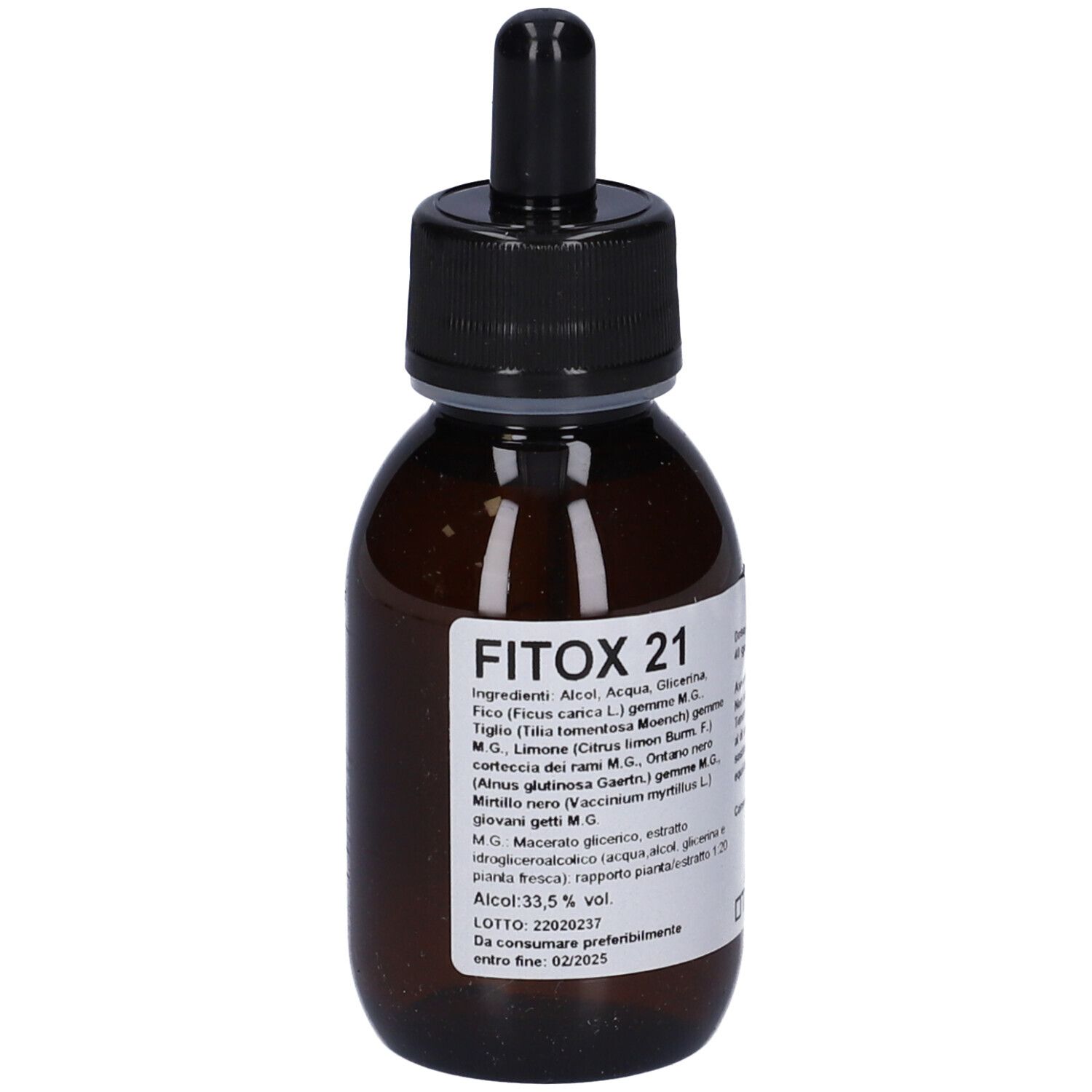 Flacone di vetro marrone con tappo nero e contagocce. Scritta FITOX 21. Etichetta con ingredienti e altre informazioni.
